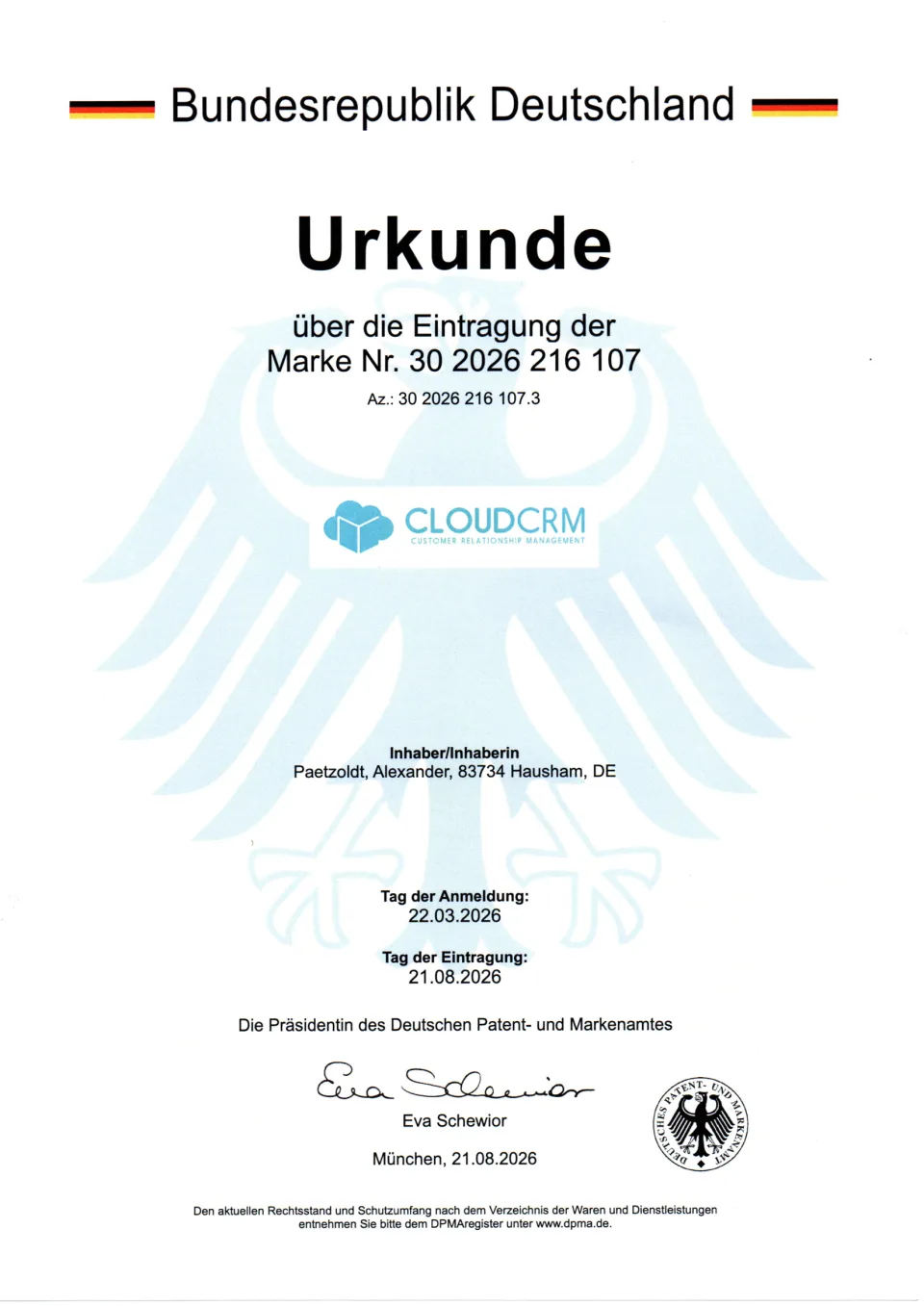 CloudCRM_Markenurkunde