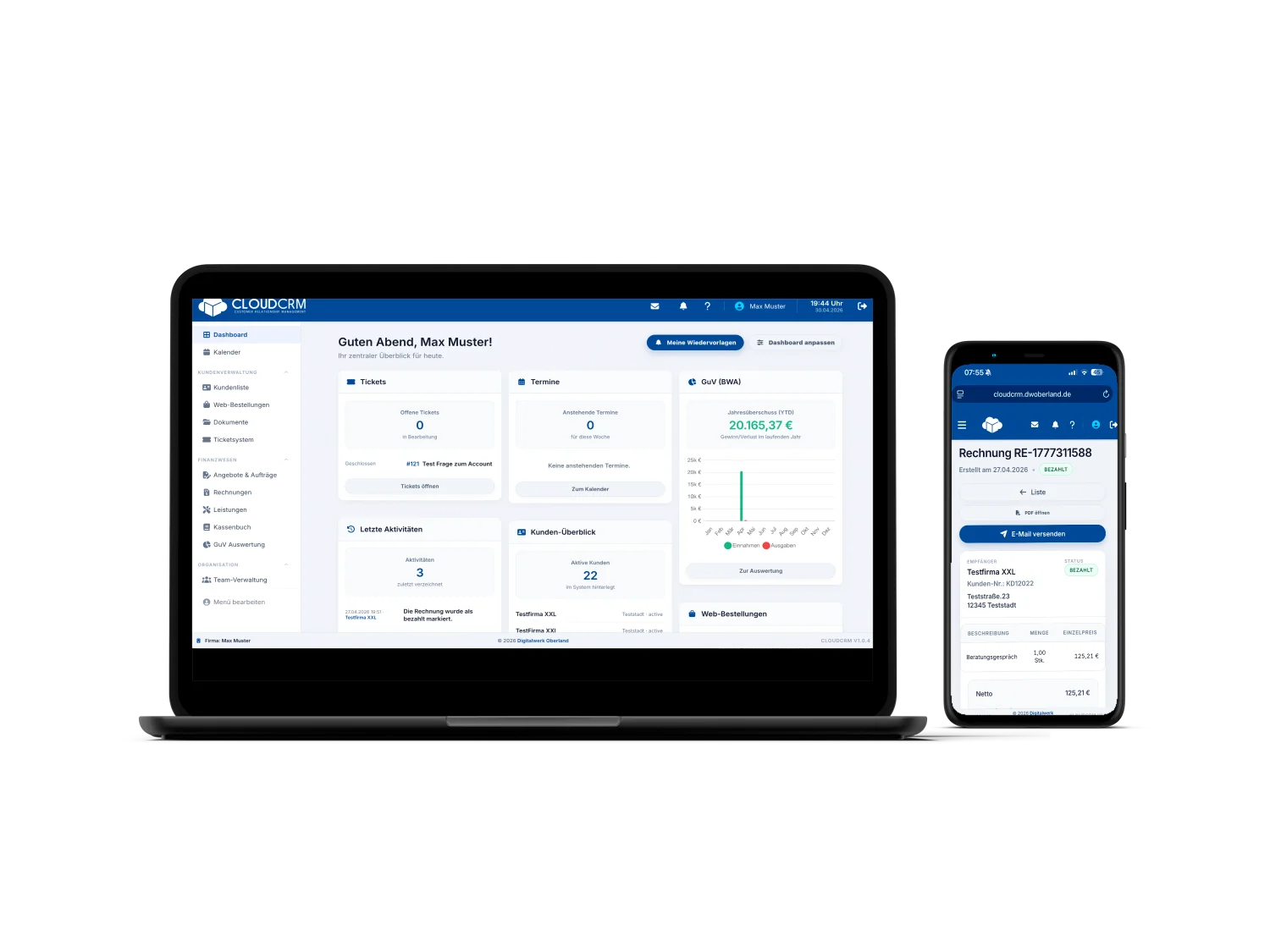 CloudCRM Dashboard Benutzeroberfläche - Moderne Kundenverwaltung und ERP-Software für KMU