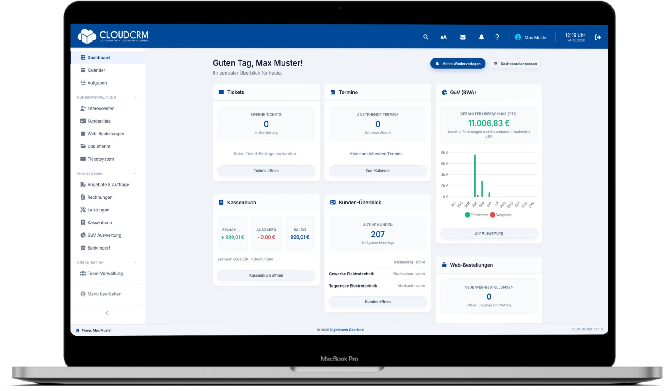 CloudCRM Dashboard mit zentraler Unternehmensübersicht