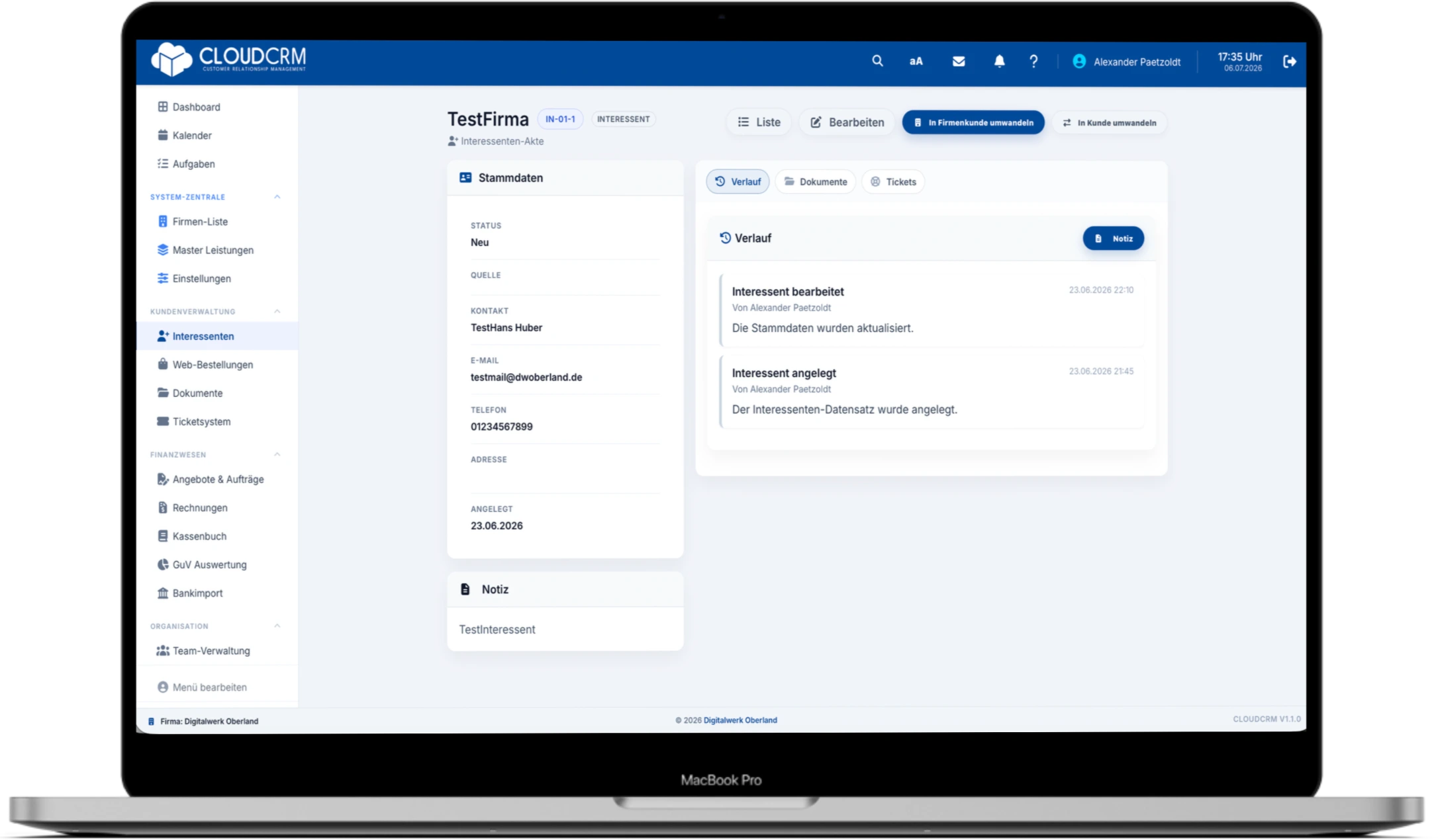 Interessenverwaltung und Kundenübersicht in CloudCRM