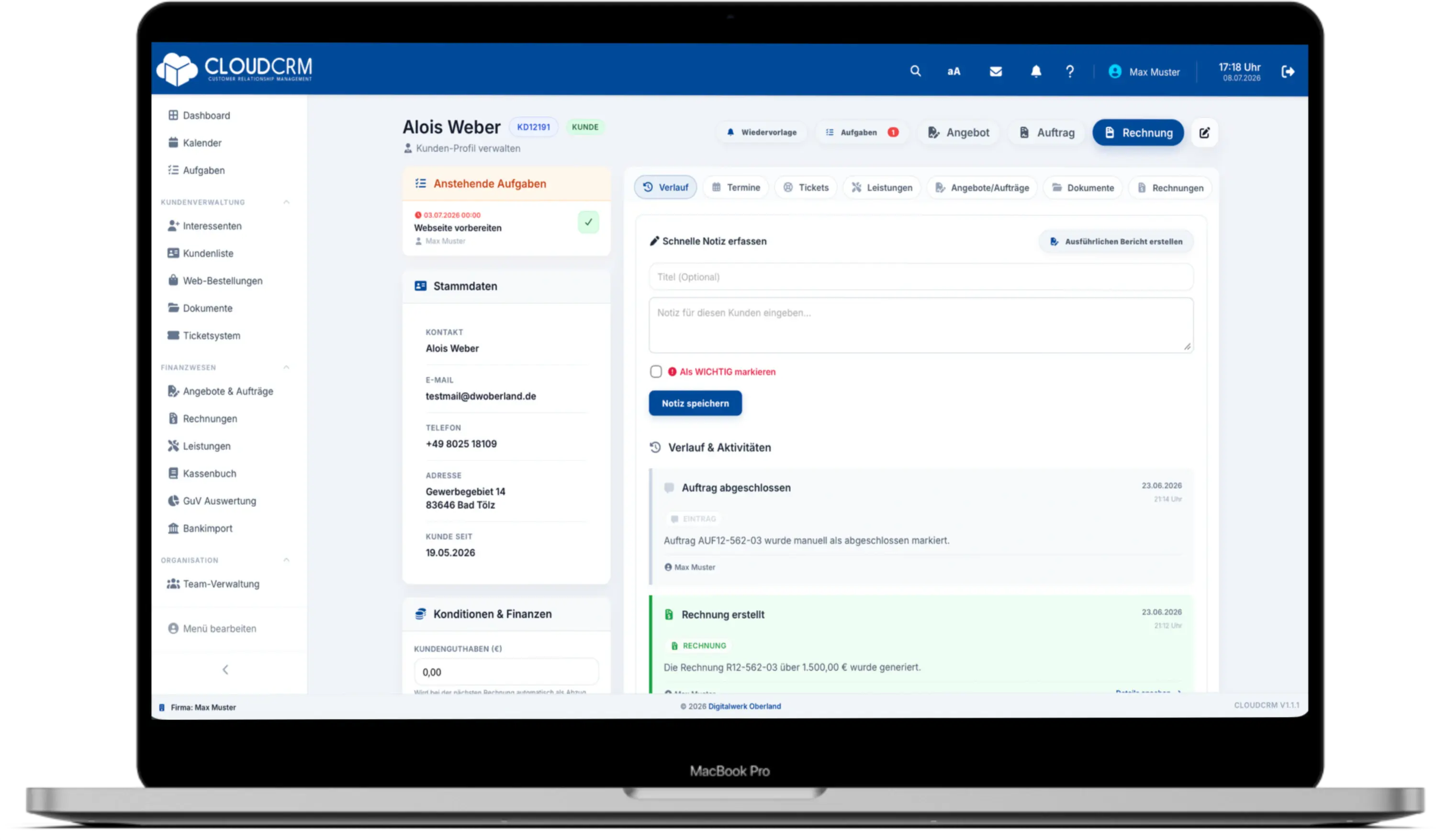 Digitale Kundenakte in CloudCRM mit Kundenhistorie, Dokumenten und offenen Aufgaben