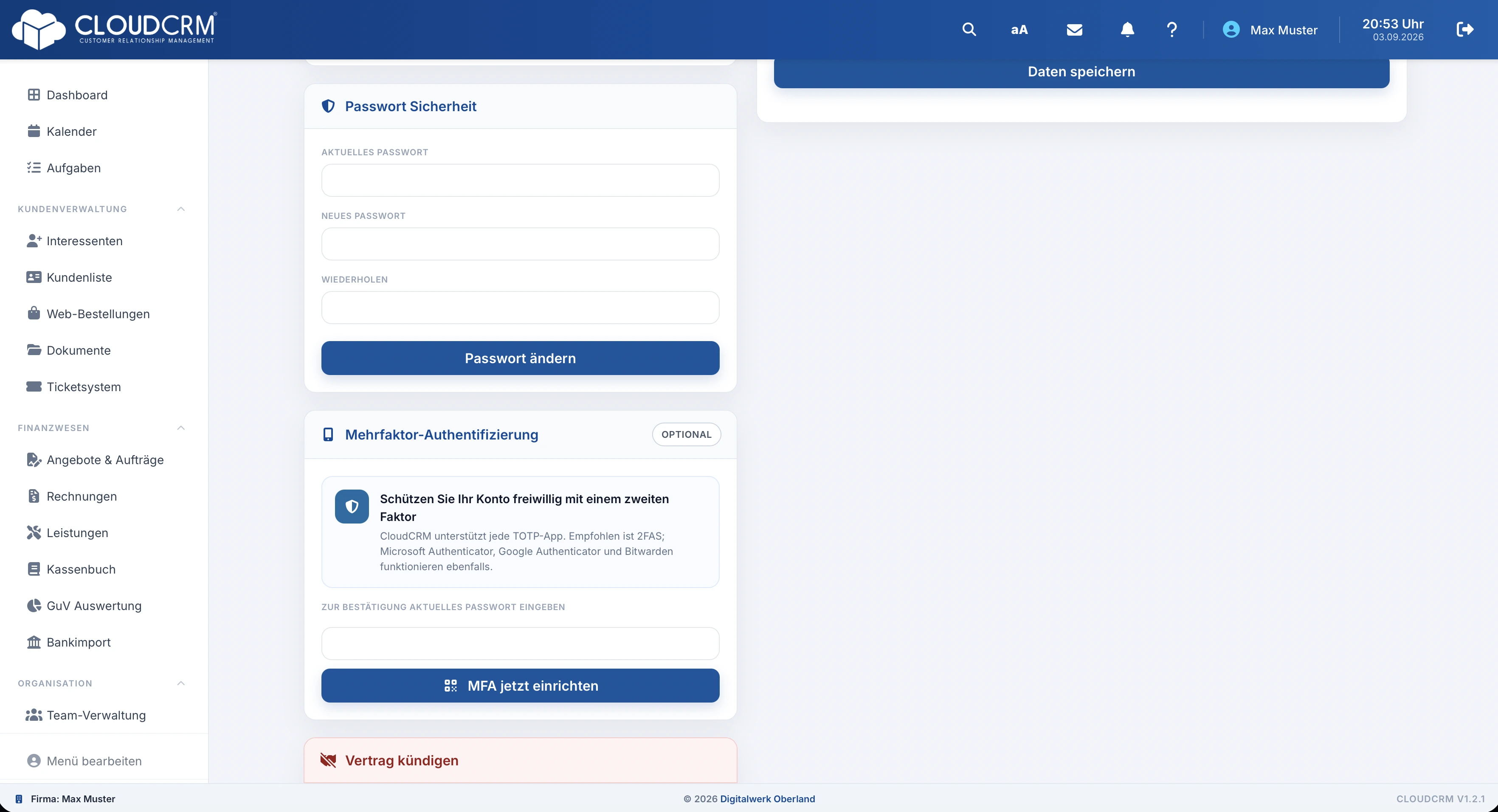 CloudCRM. MFA-Bereich im persönlichen CloudCRM-Profil