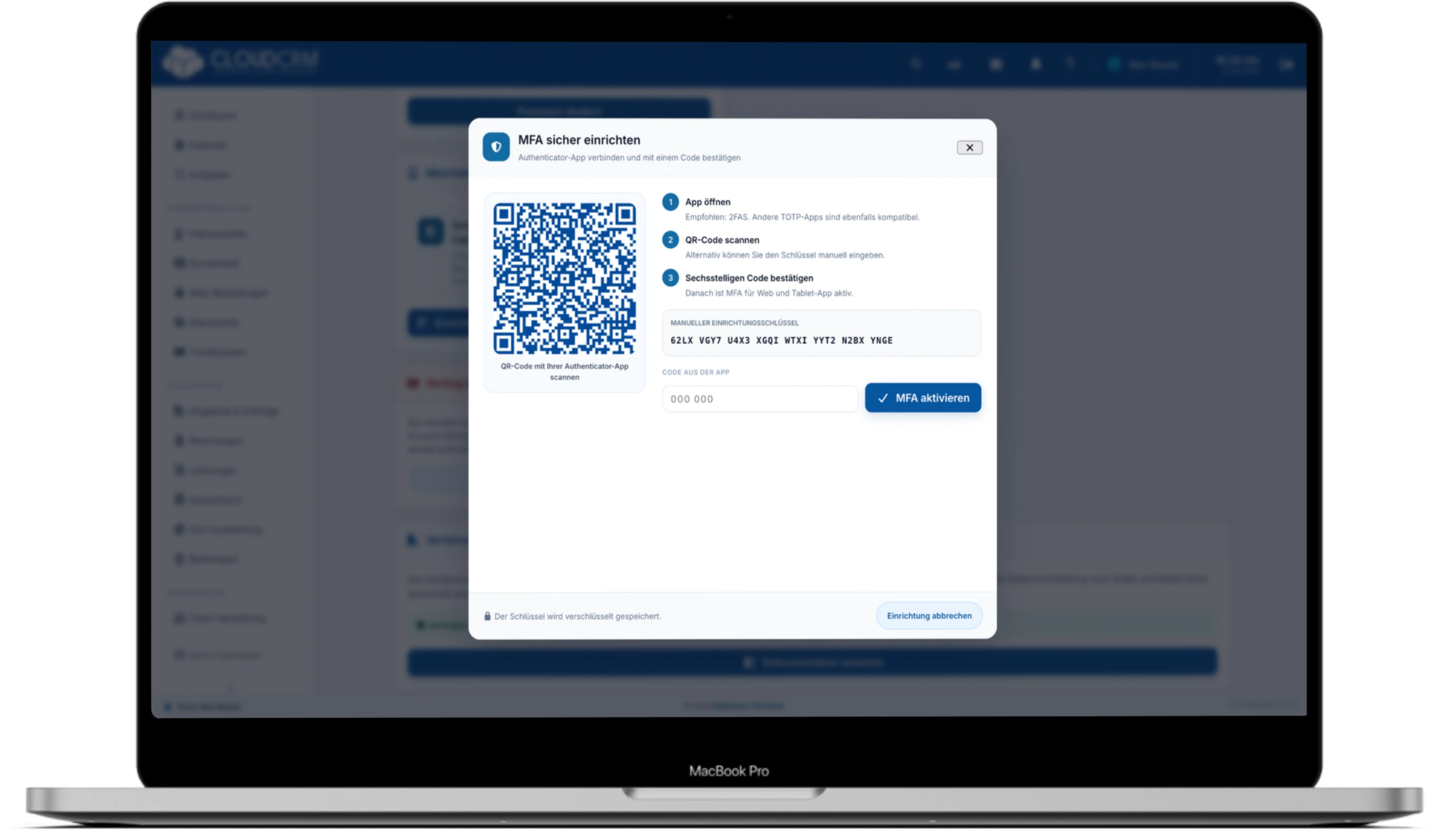 CloudCRM. MFA-Bereich im persönlichen CloudCRM-Profil