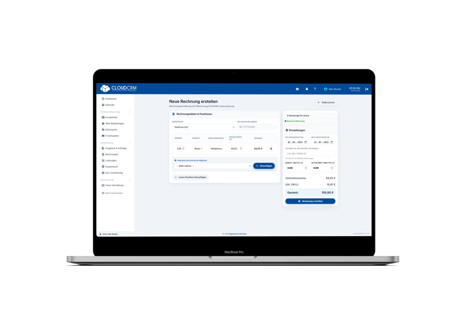 Rechnung mit ZUGFeRD-Daten aus einem Auftrag in CloudCRM erstellen