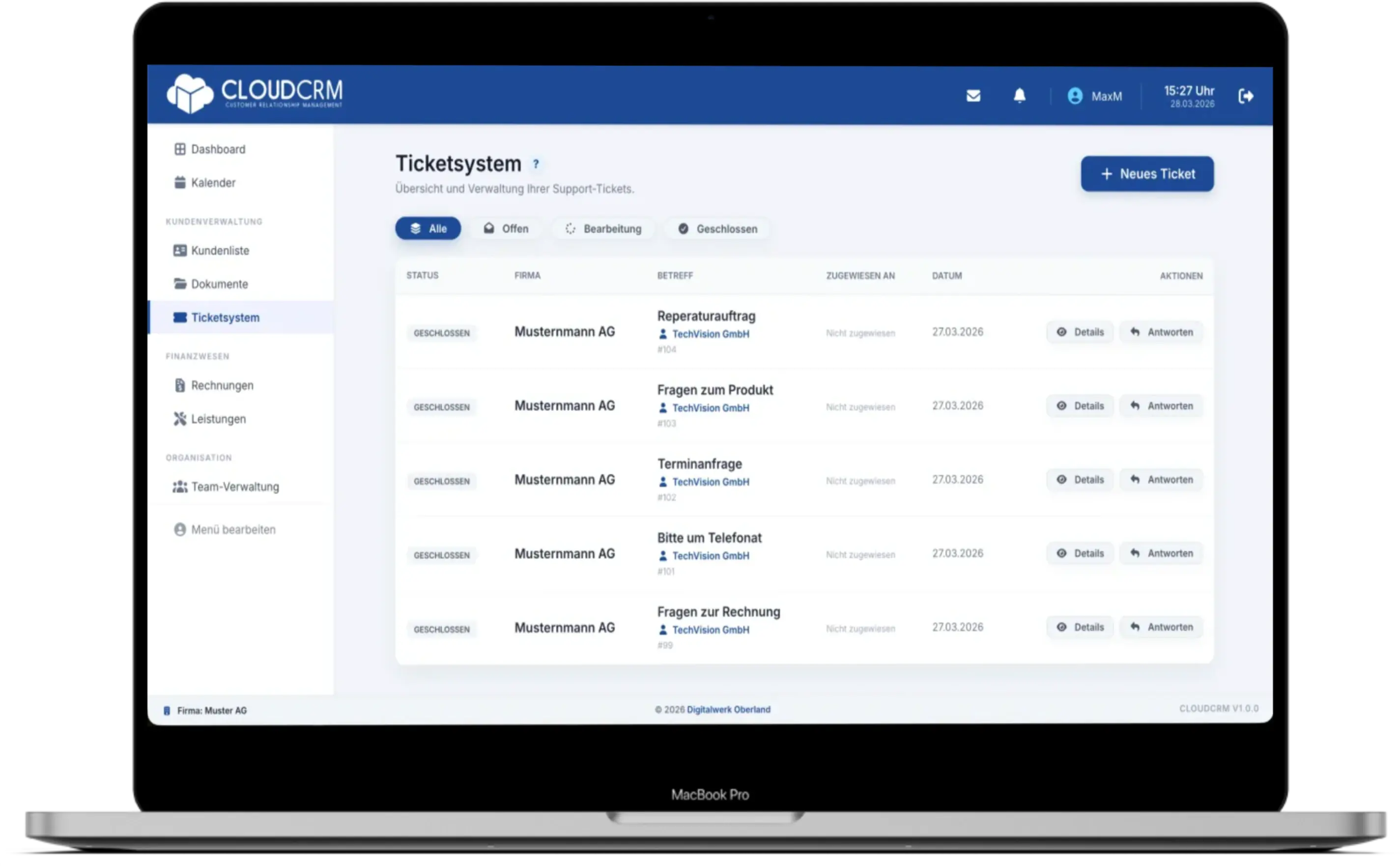Ticketsystem Übersicht in CloudCRM