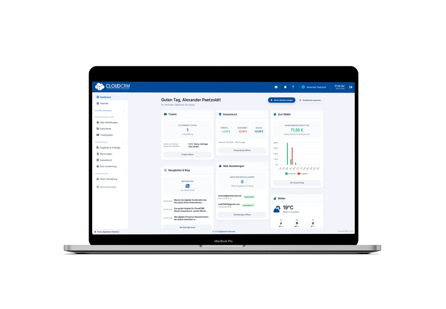 CloudCRM Dashboard Benutzeroberfläche - CRM und ERP Software für KMU