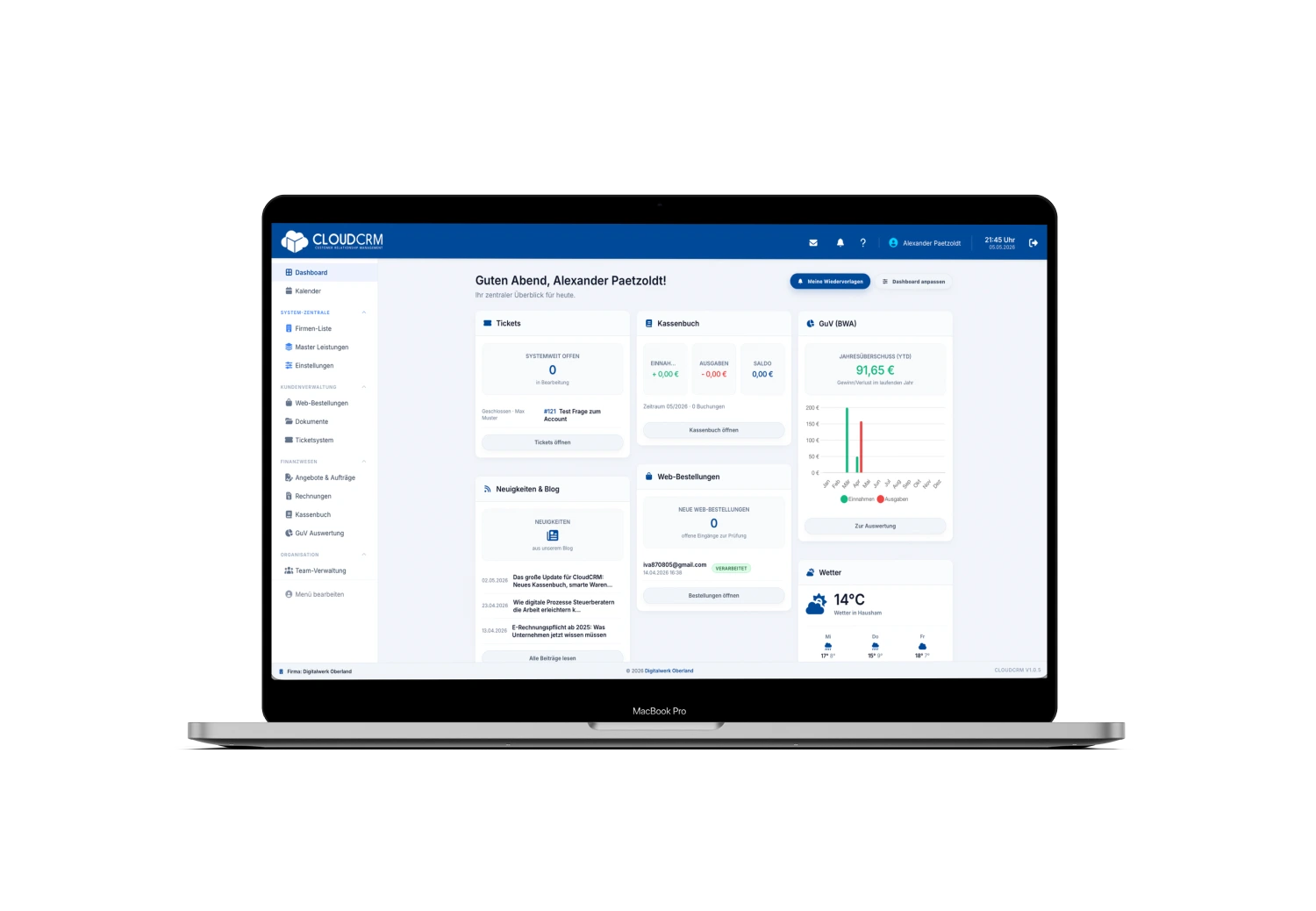 CloudCRM Dashboard Benutzeroberfläche