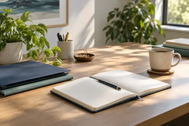 Arbeitsplatz mit Notizbuch und Unterlagen