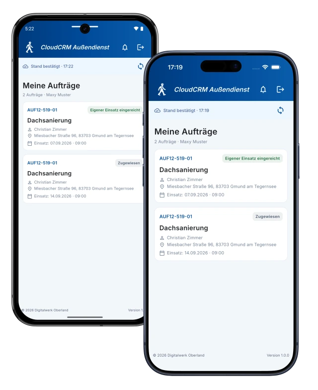 CloudCRM Außendienst-App am Einsatzort. Persönliche Auftragsübersicht auf dem Smartphone mit Einsatzort, Termin und Bearbeitungsstand.