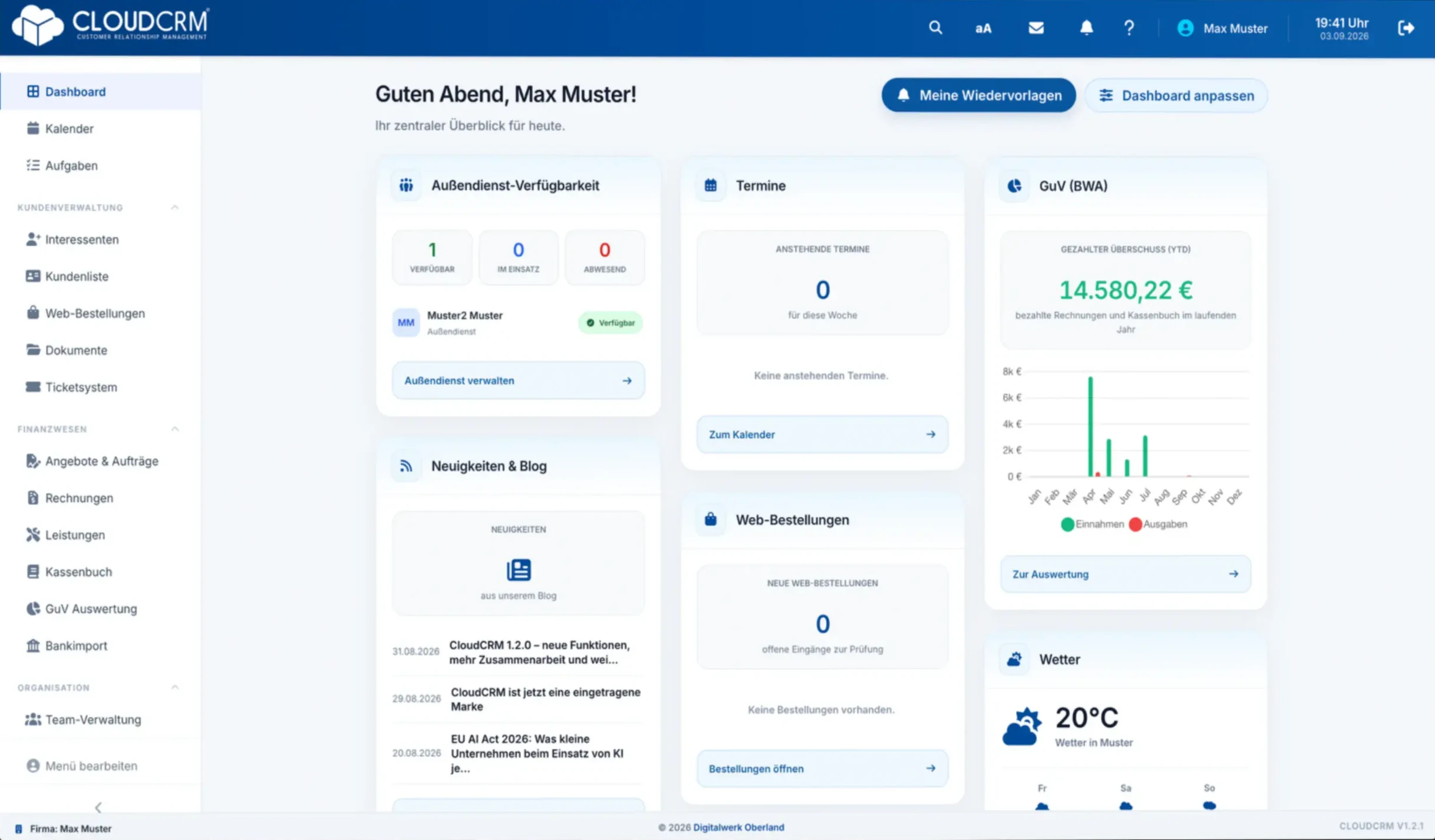 CloudCRM Dashboard mit zentraler Unternehmensübersicht