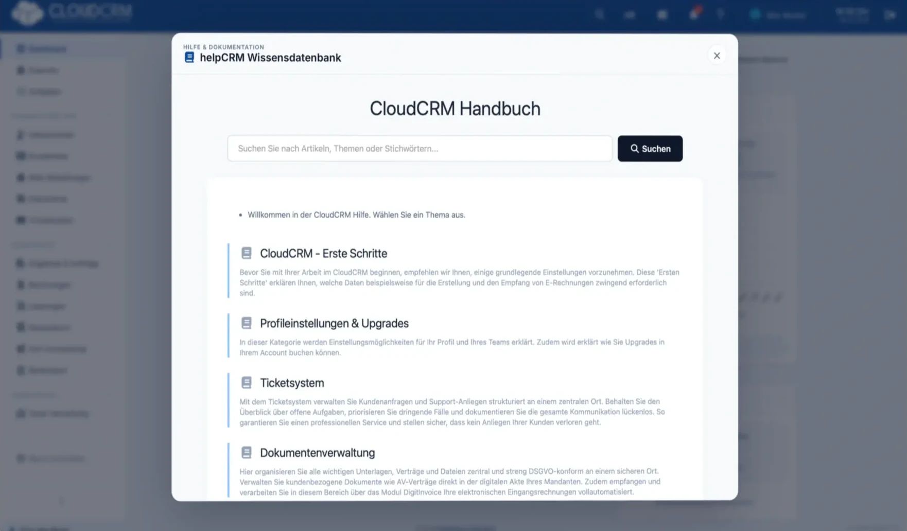 helpCRM Wissensdatenbank und Hilfe-Center Benutzeroberfläche in CloudCRM