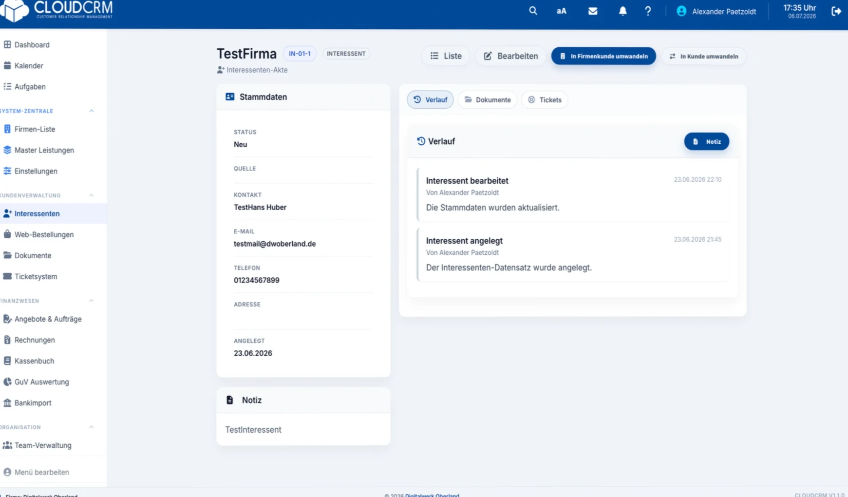 Interessenverwaltung und Kundenübersicht in CloudCRM