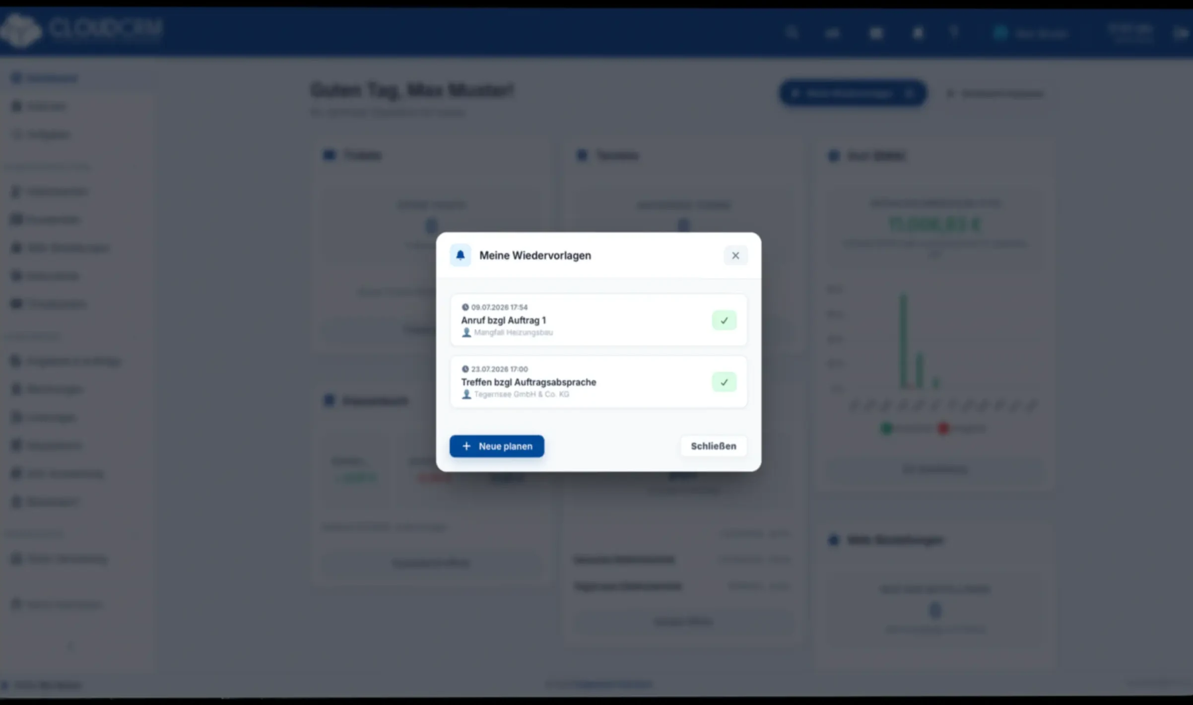 Aufgabenverwaltung und Wiedervorlagen im Dashboard von CloudCRM