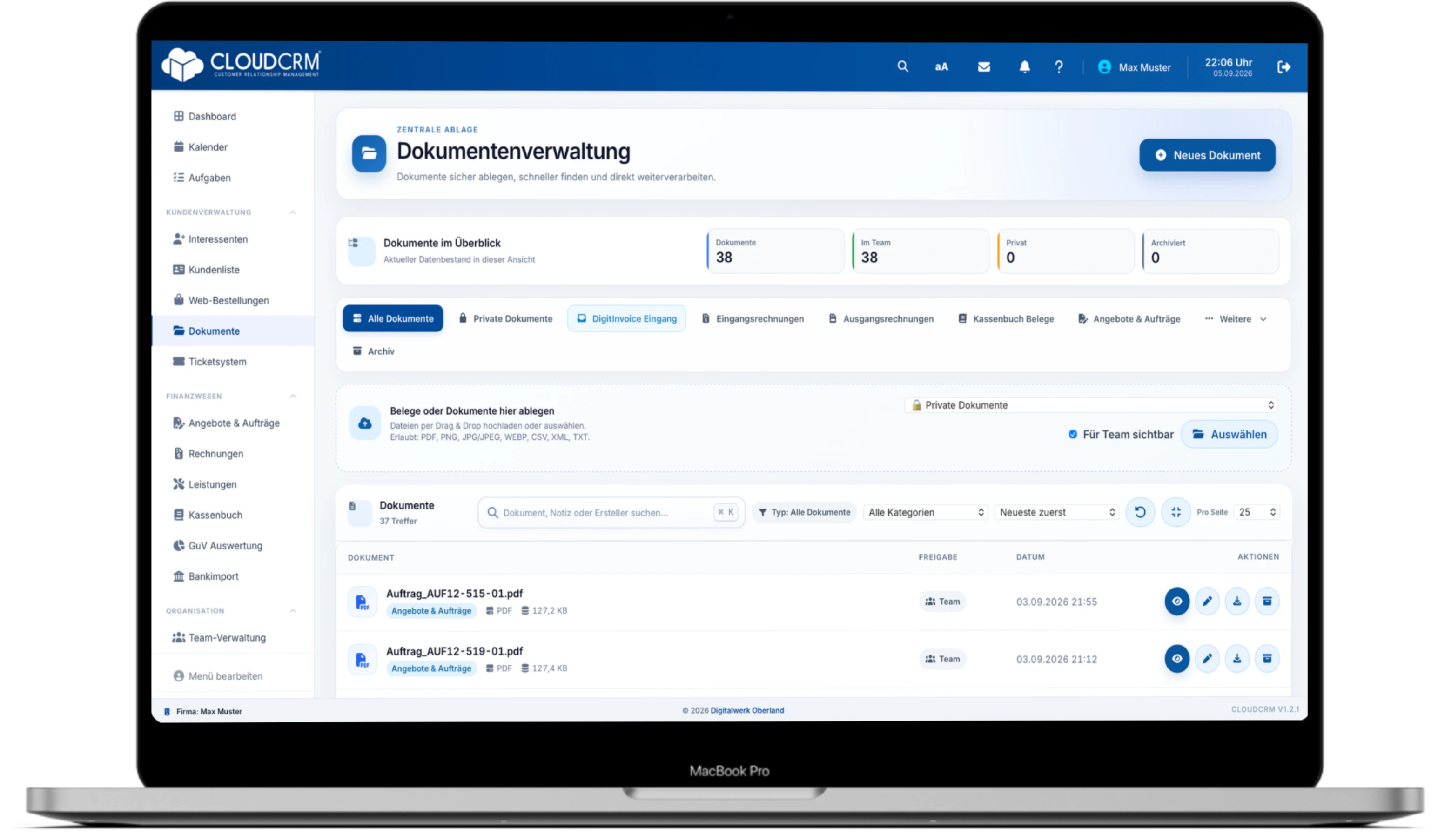 Dokumentensuche in CloudCRM mit Suchfeld, Sortierung, Kategorien und Dokumentvorschau