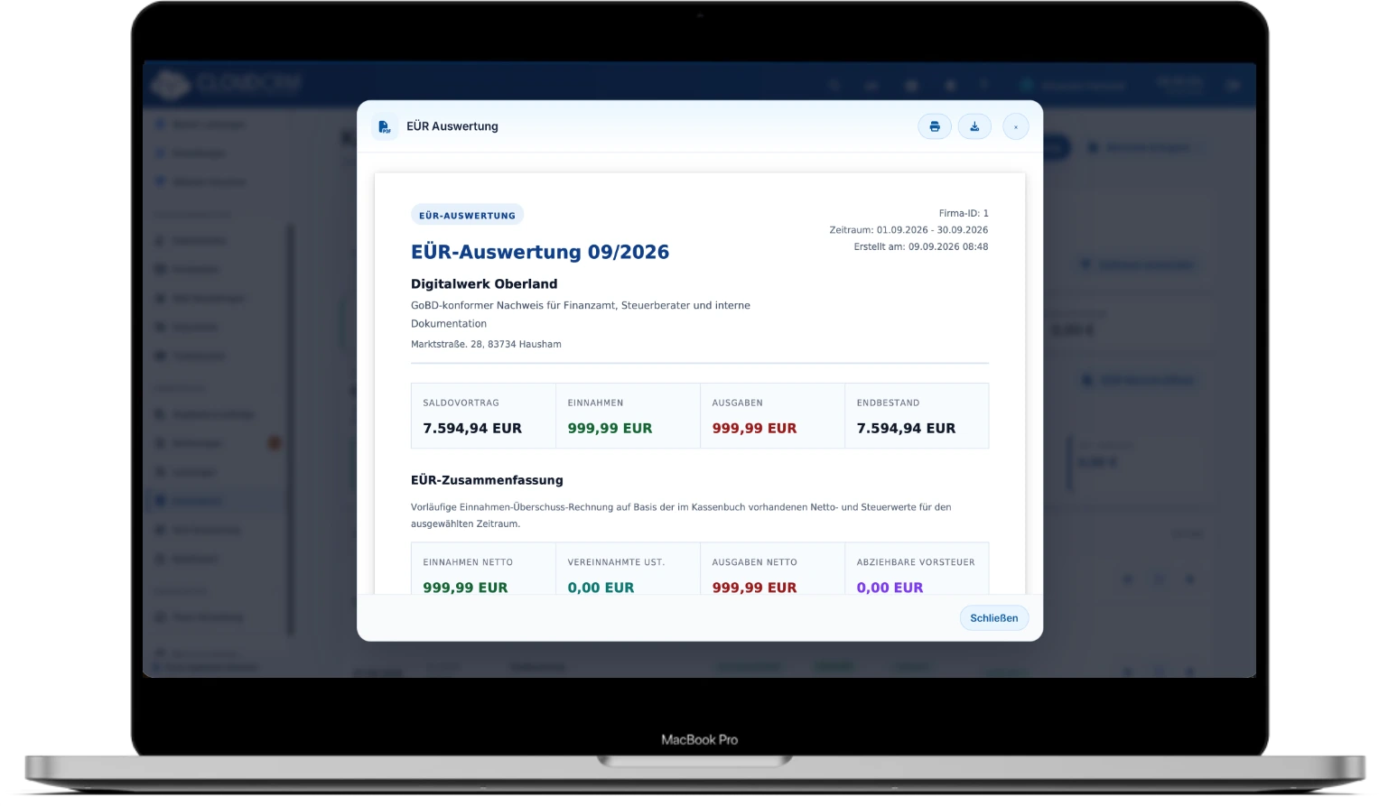 CloudCRM-Kassenbuch mit geöffnetem EÜR-Bericht und EÜR-Zusammenfassung anhand von Beispieldaten