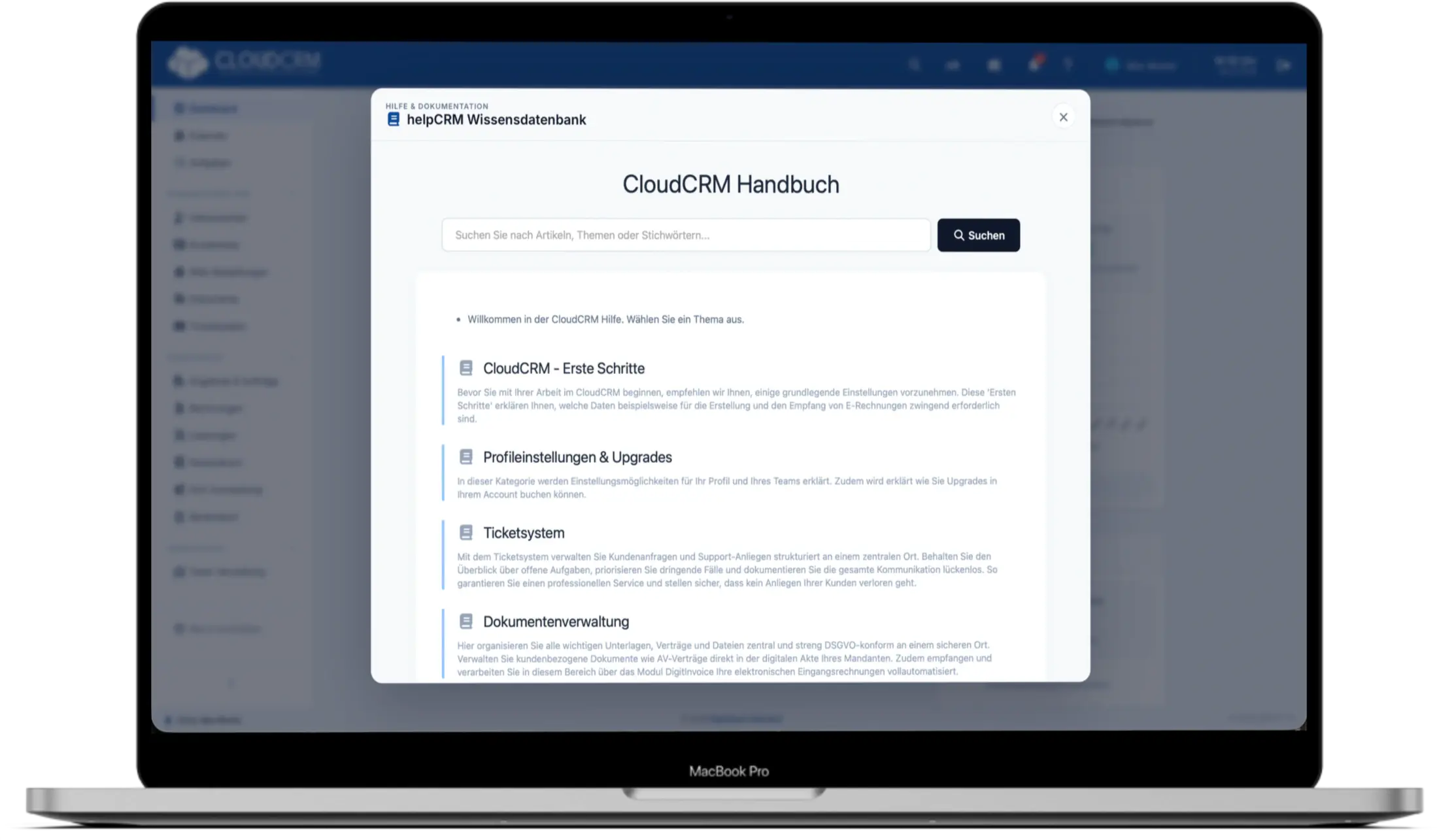 helpCRM Wissensdatenbank und Hilfe-Center Benutzeroberfläche in CloudCRM