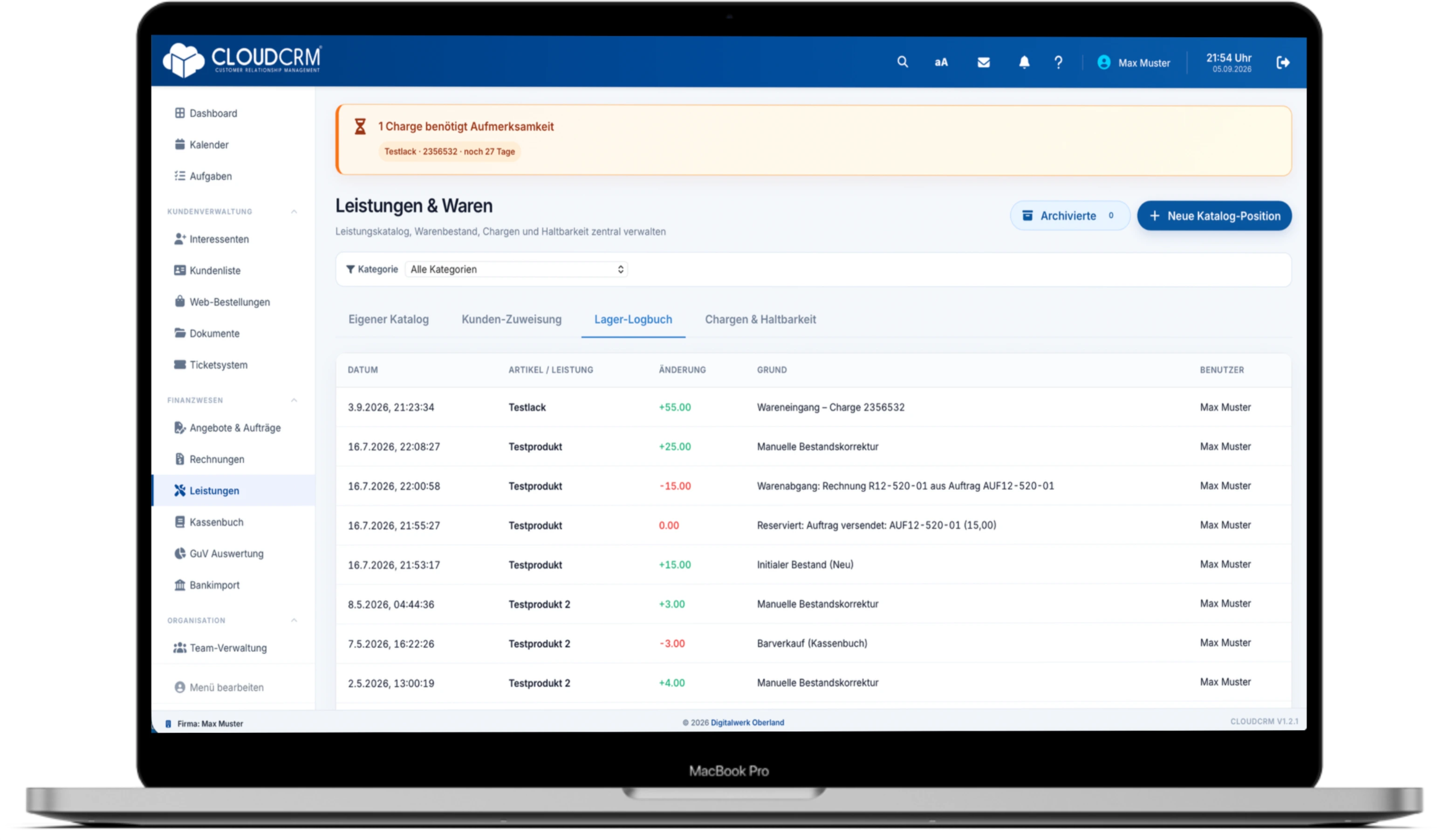 Lager-Logbuch in CloudCRM mit Bestandsbewegungen, Chargenhinweis und Warenkatalog