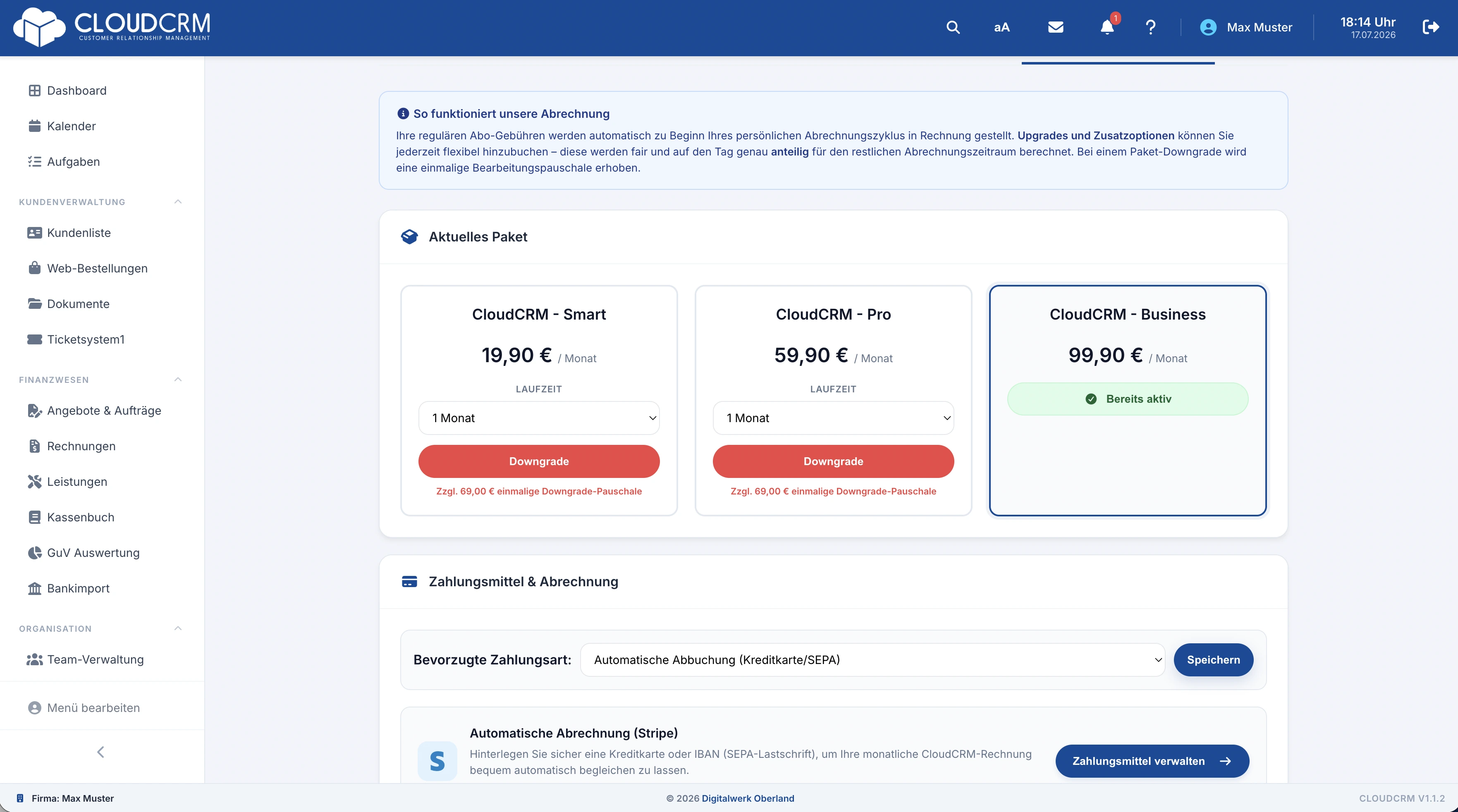 CloudCRM – Abo-Übersicht mit aktuellem Paket