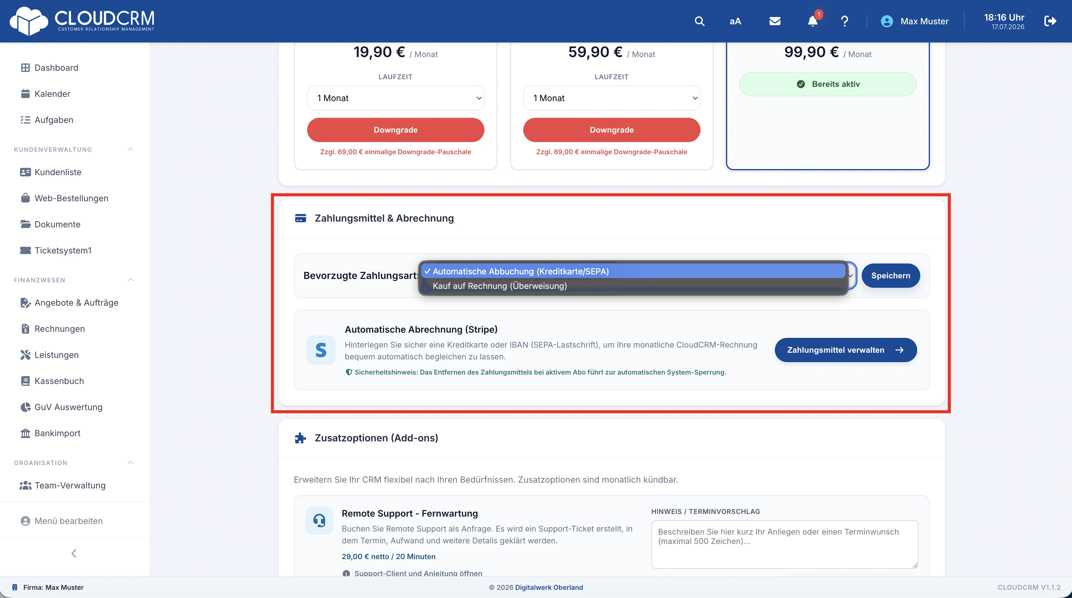 CloudCRM – Auswahl zwischen Stripe und Überweisung
