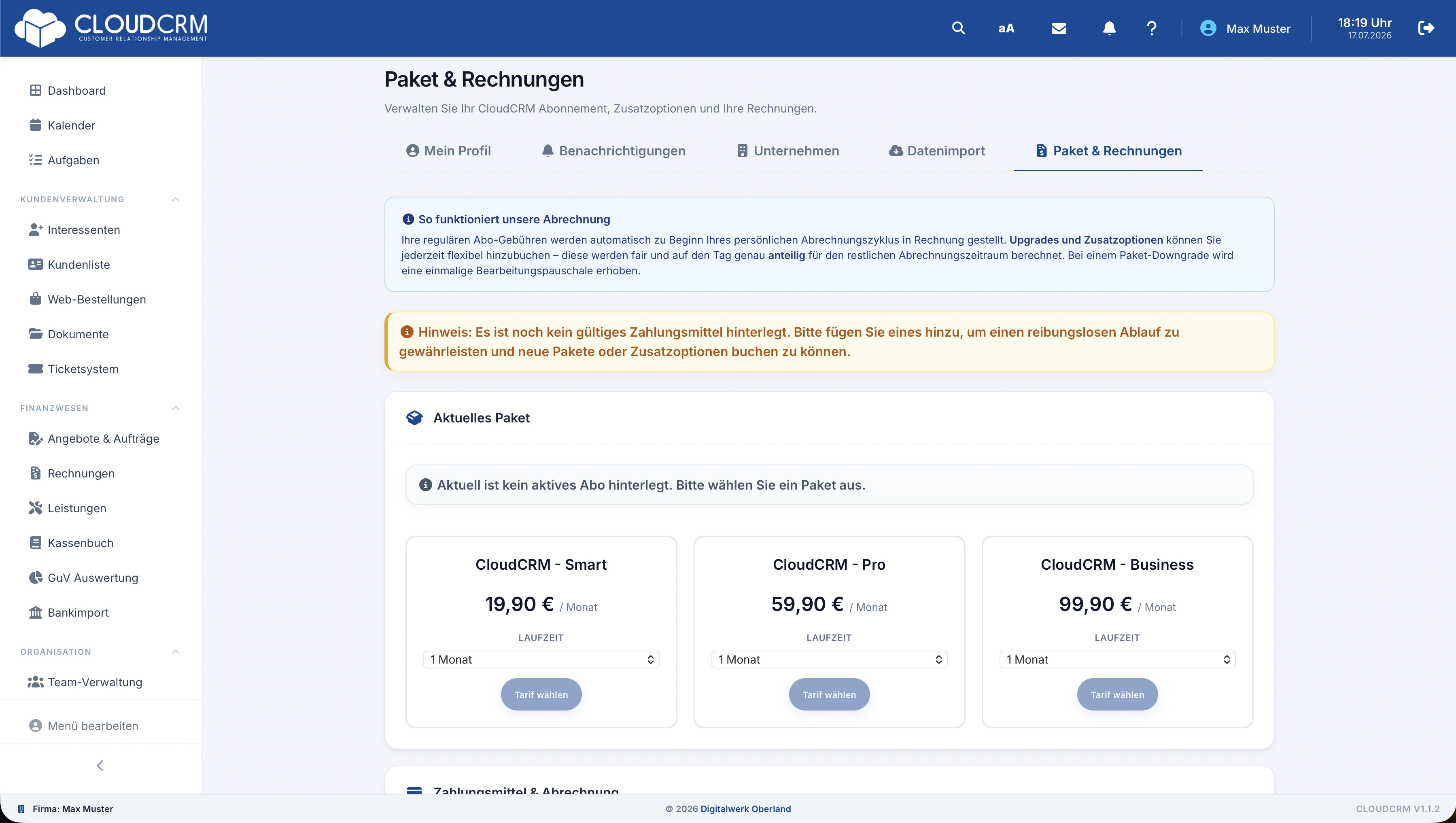 CloudCRM – Stripe-Hinweis bei fehlendem Zahlungsmittel