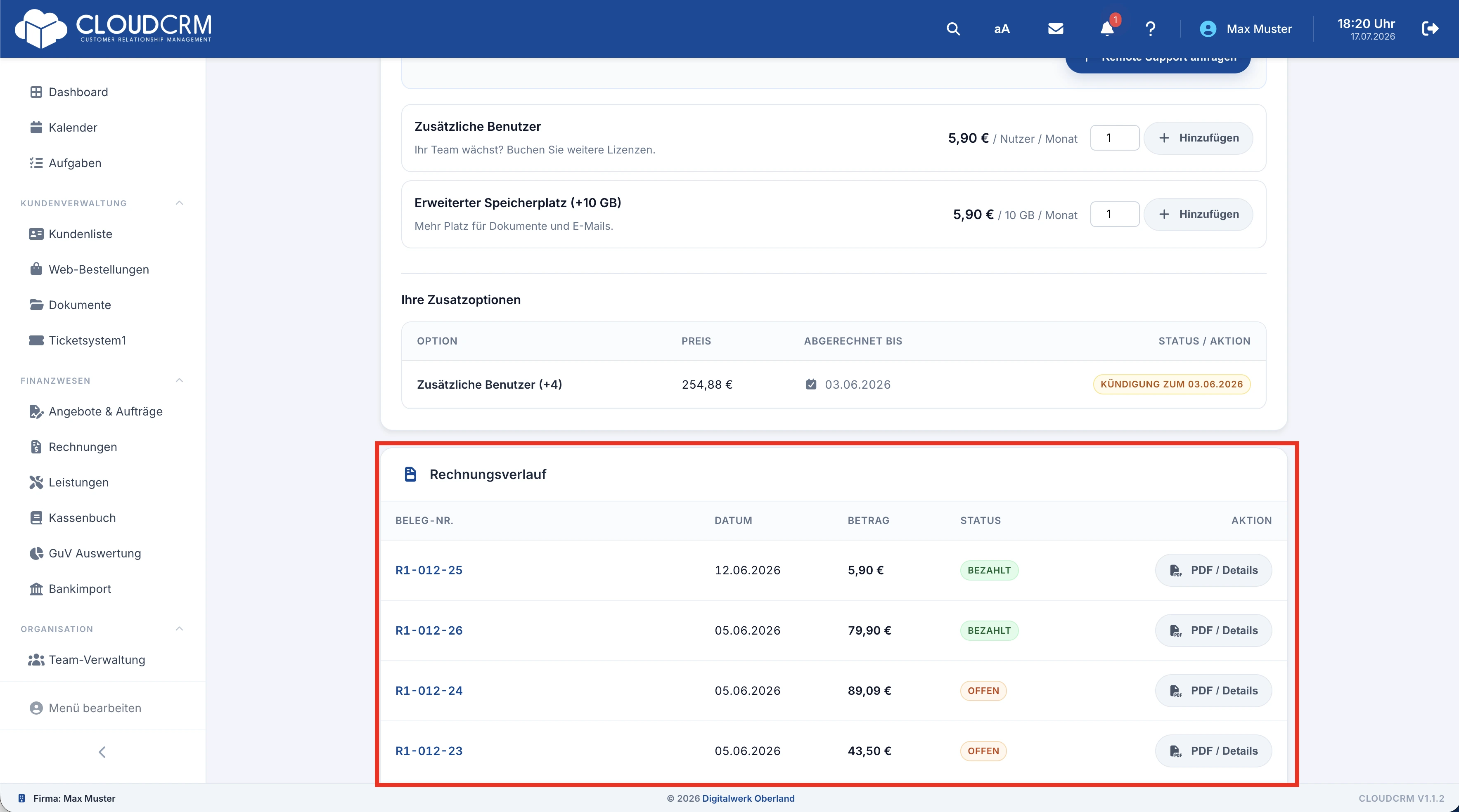 CloudCRM – Rechnungsübersicht mit Status und PDF-Aktion
