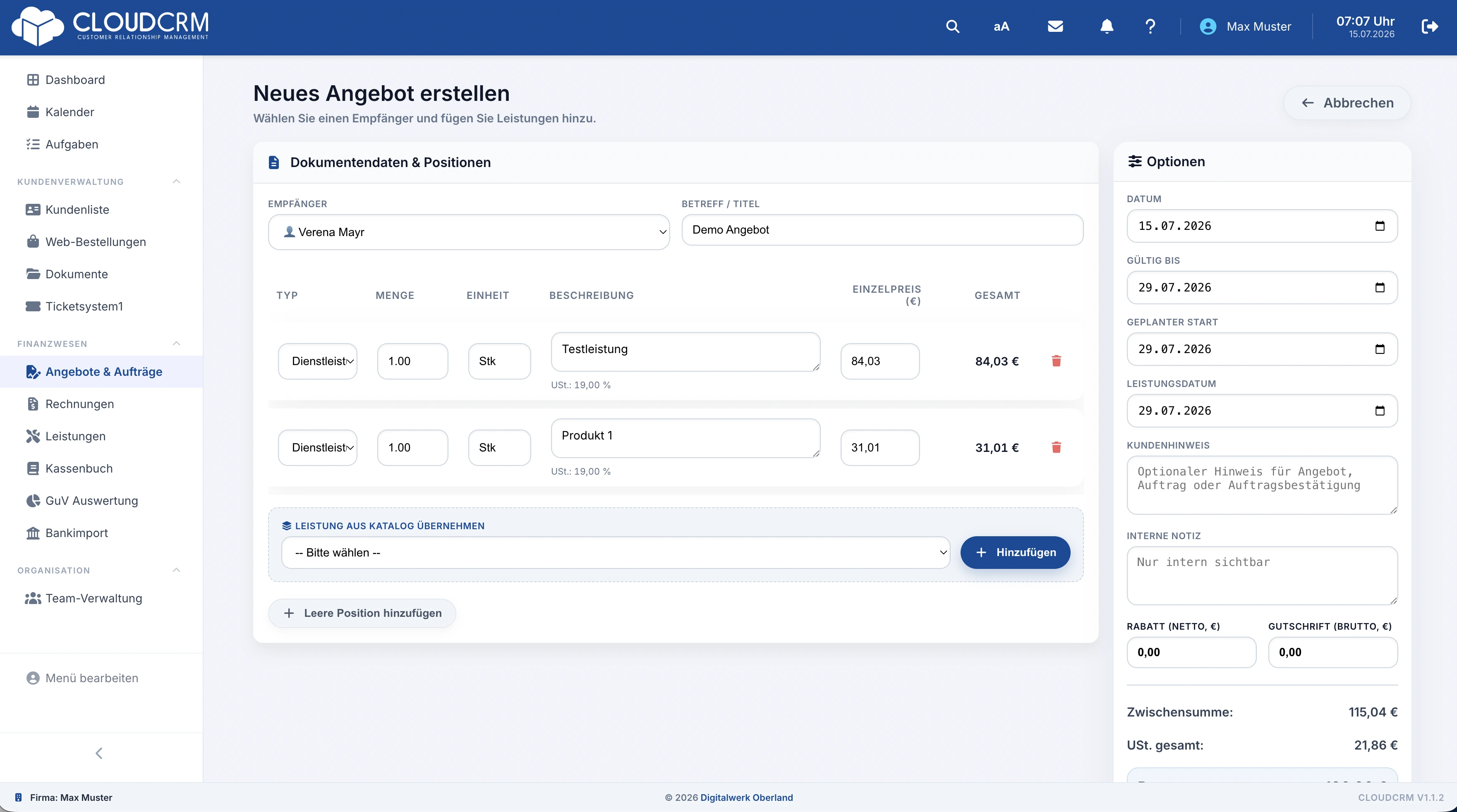 CloudCRM – Angebot mit Positionen und Summen