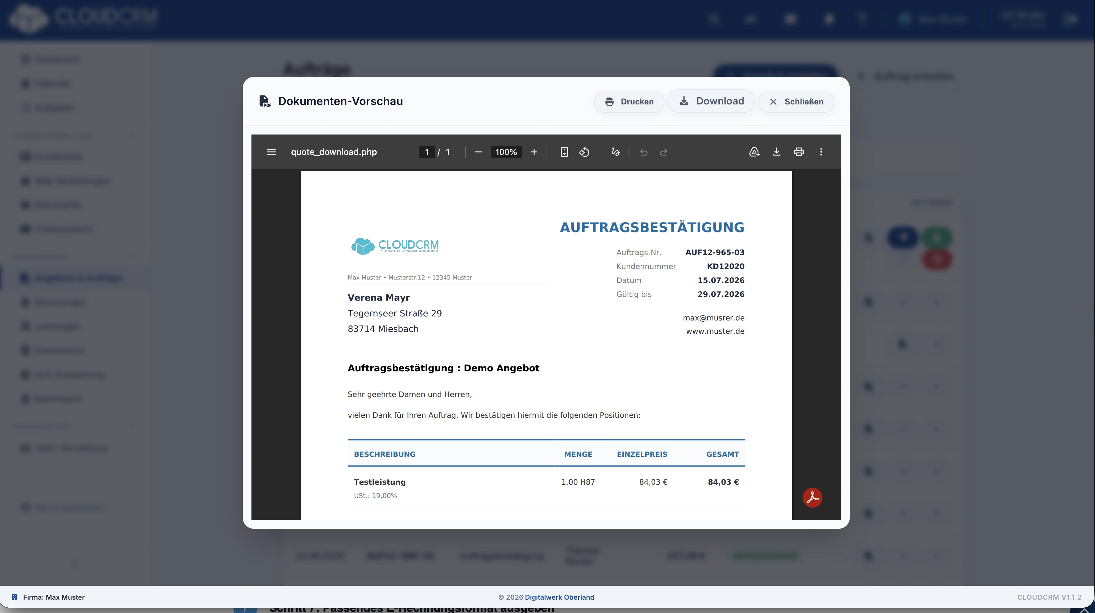 CloudCRM – Angenommenes Angebot und daraus erzeugter Auftrag