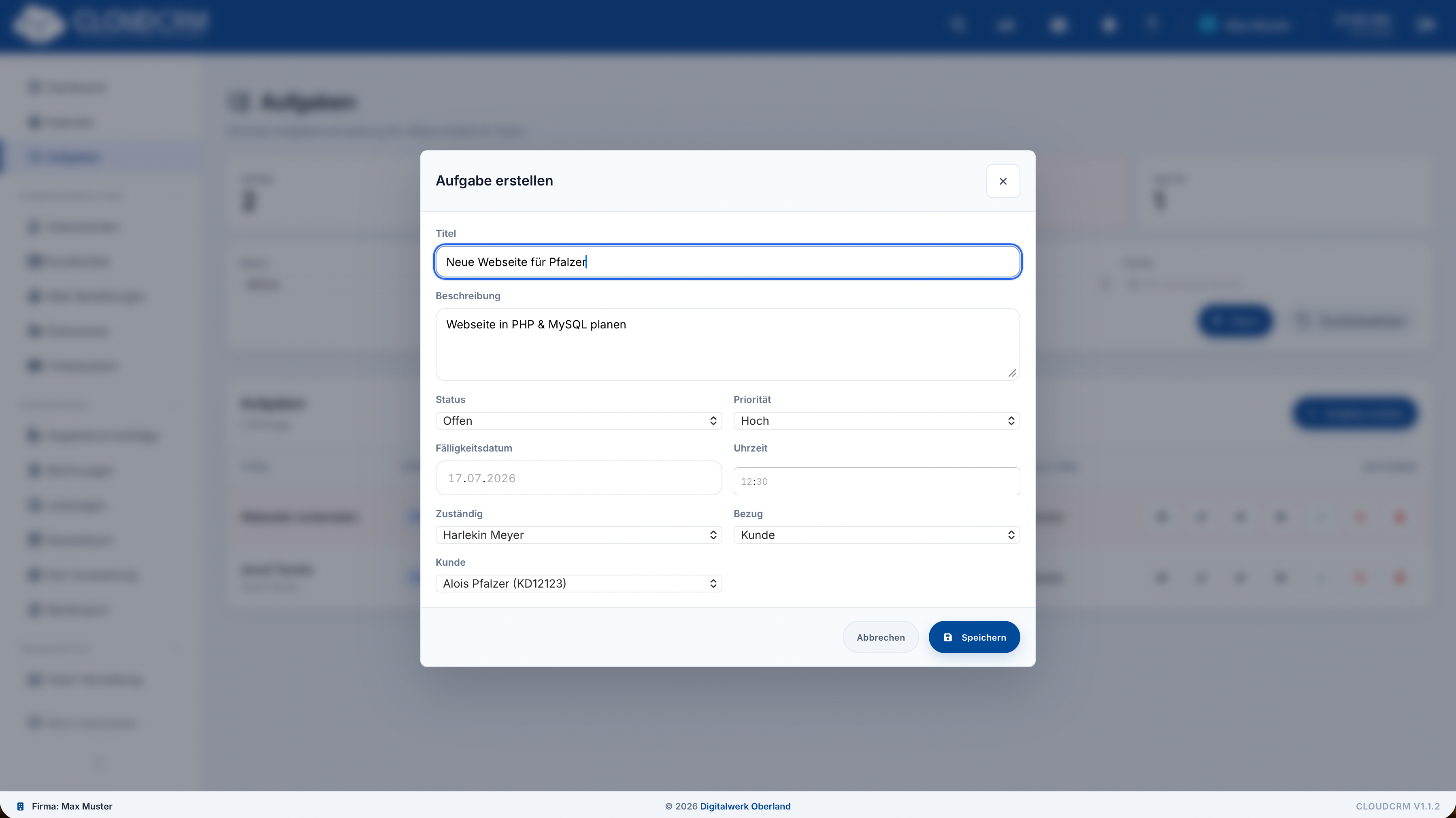 CloudCRM – Neue Aufgabe mit Titel und Beschreibung