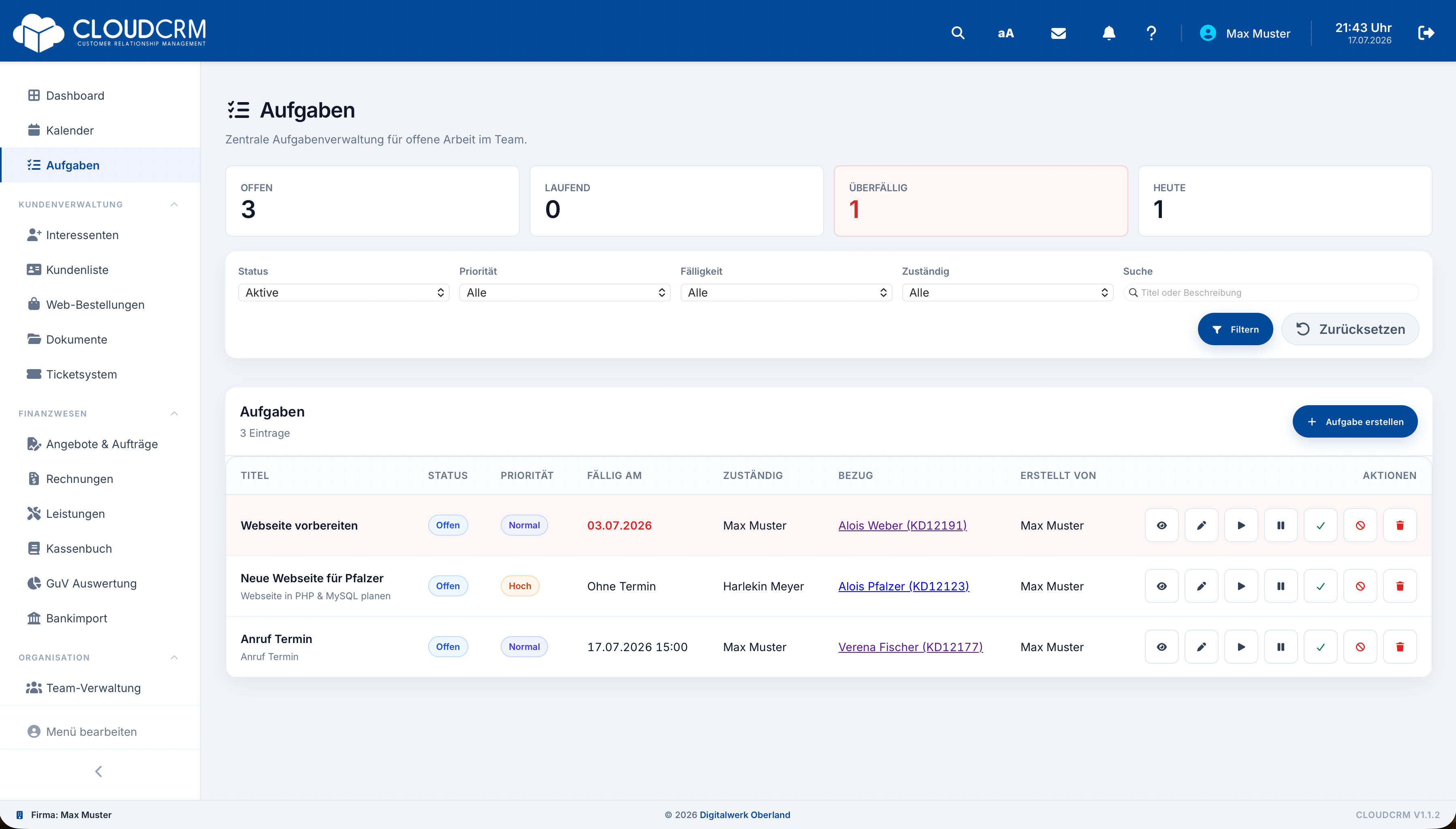 CloudCRM – Aufgabenübersicht nach Status