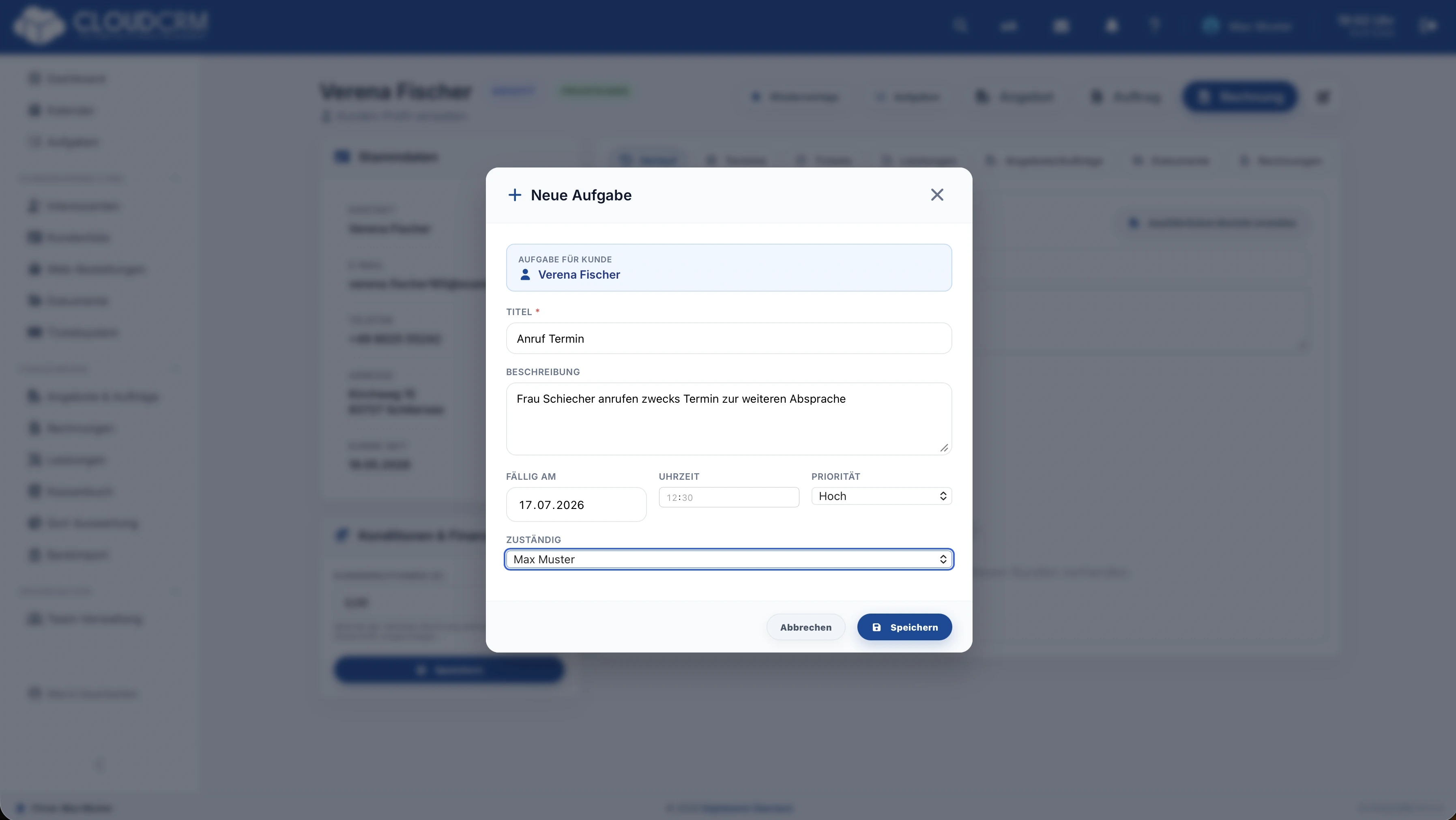 CloudCRM – Aufgabe direkt in der Kundenakte