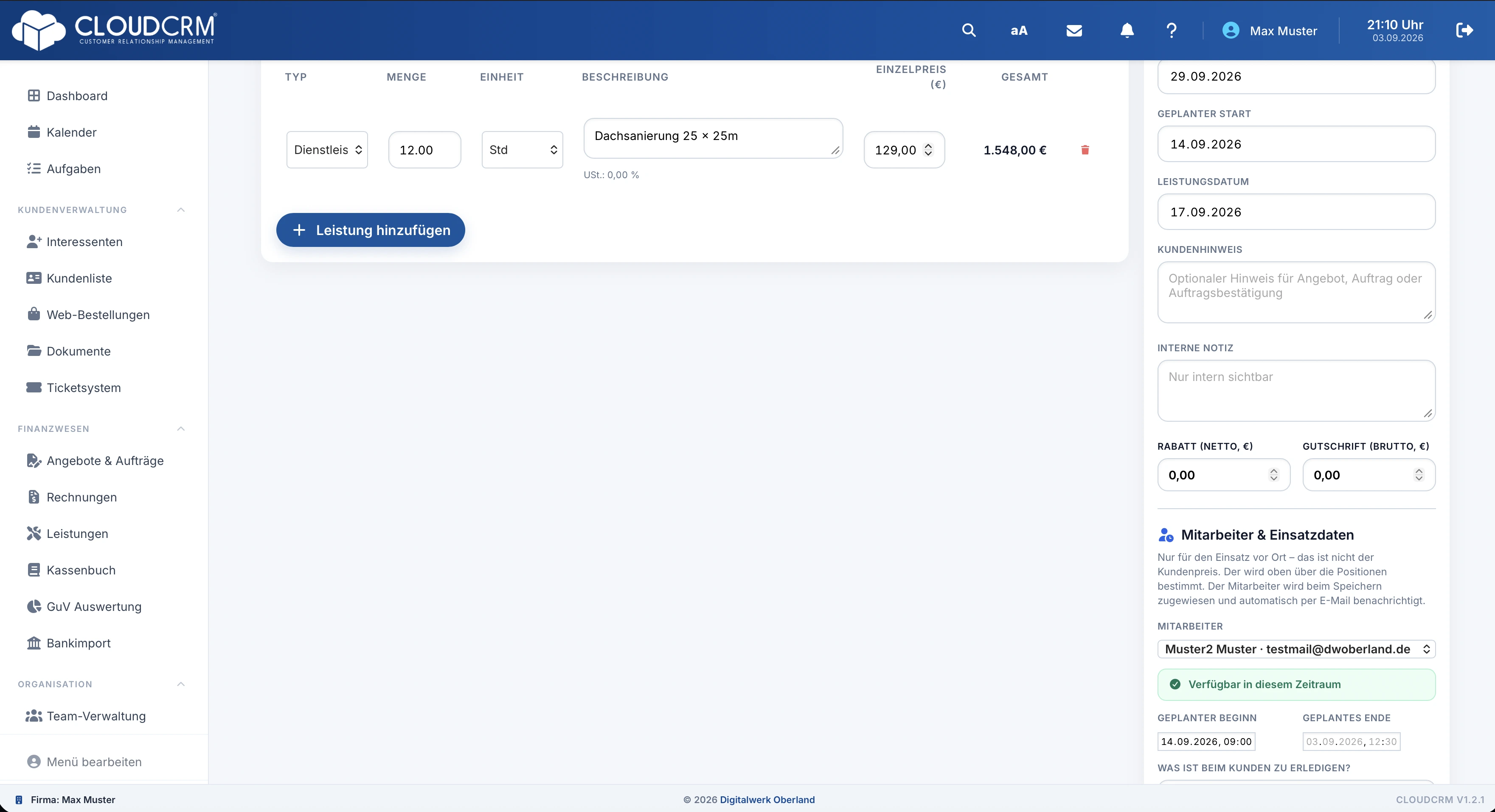 CloudCRM. Auftrag mit Verfügbarkeitsanzeige und Einsatzkraft