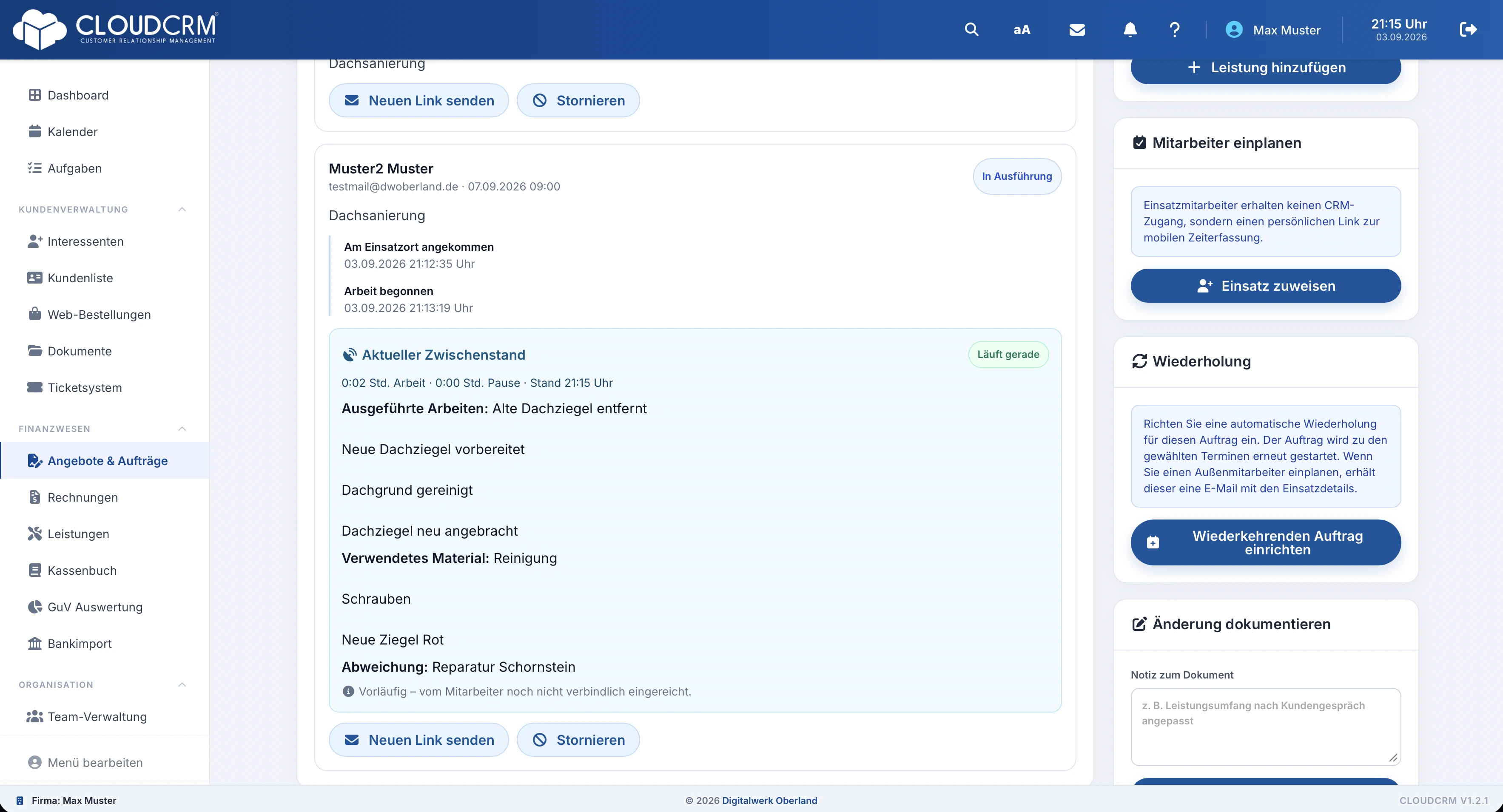 CloudCRM. Erfassung von Arbeitszeit, Pausen und Material