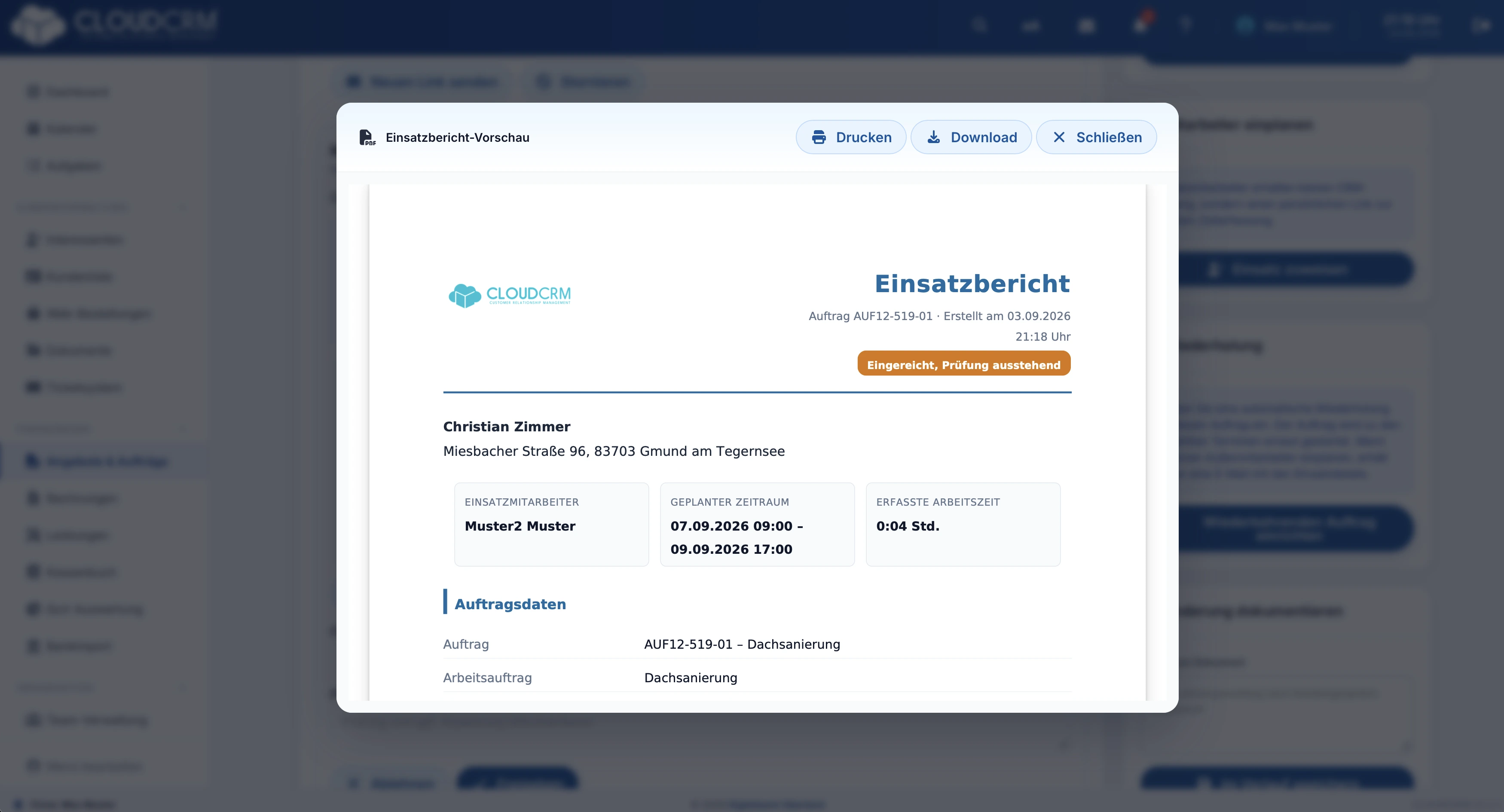 CloudCRM. Freigabe mit Einsatzbericht-PDF und Rechnungsentwurf