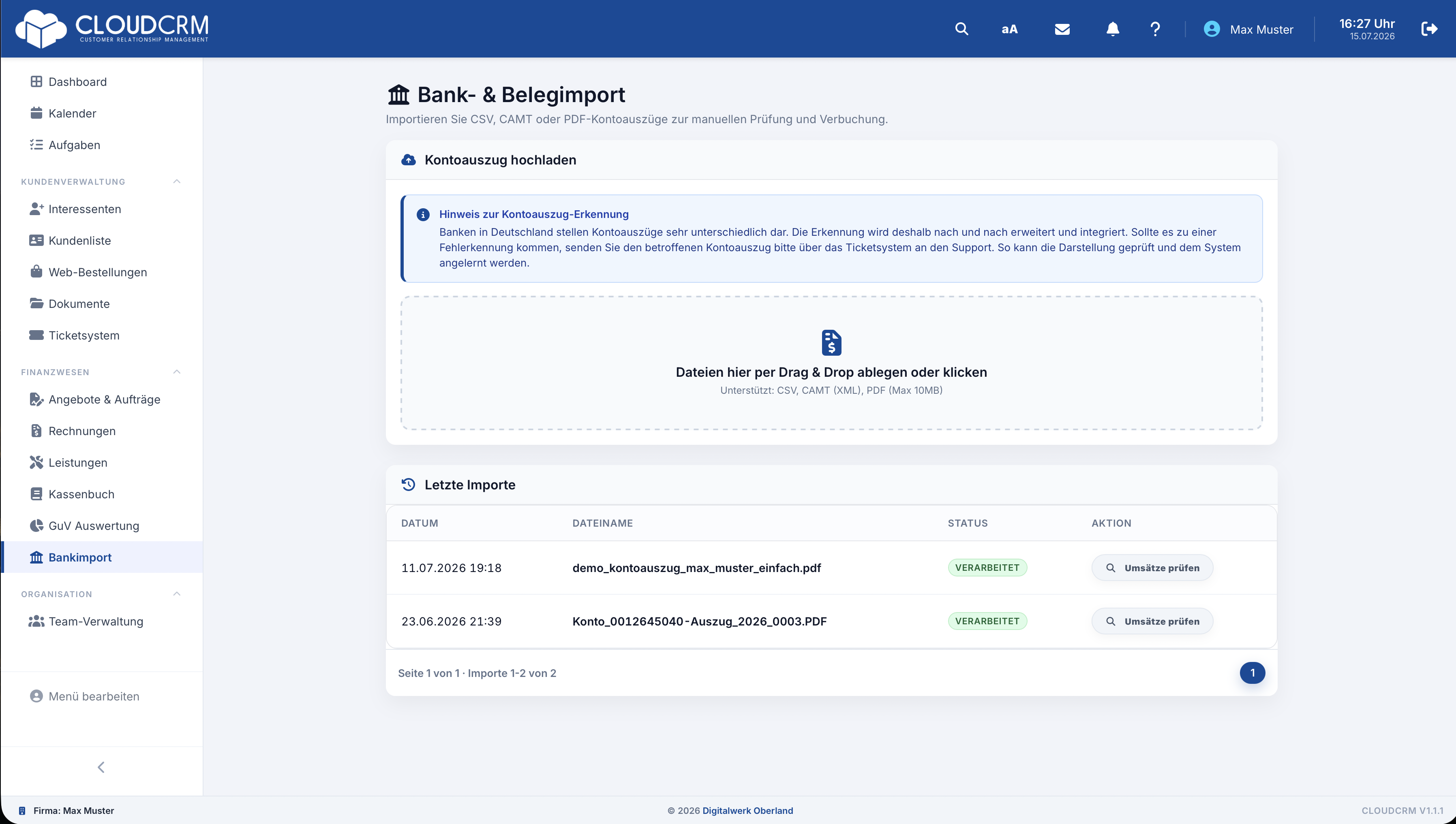 CloudCRM – Upload eines Kontoauszugs