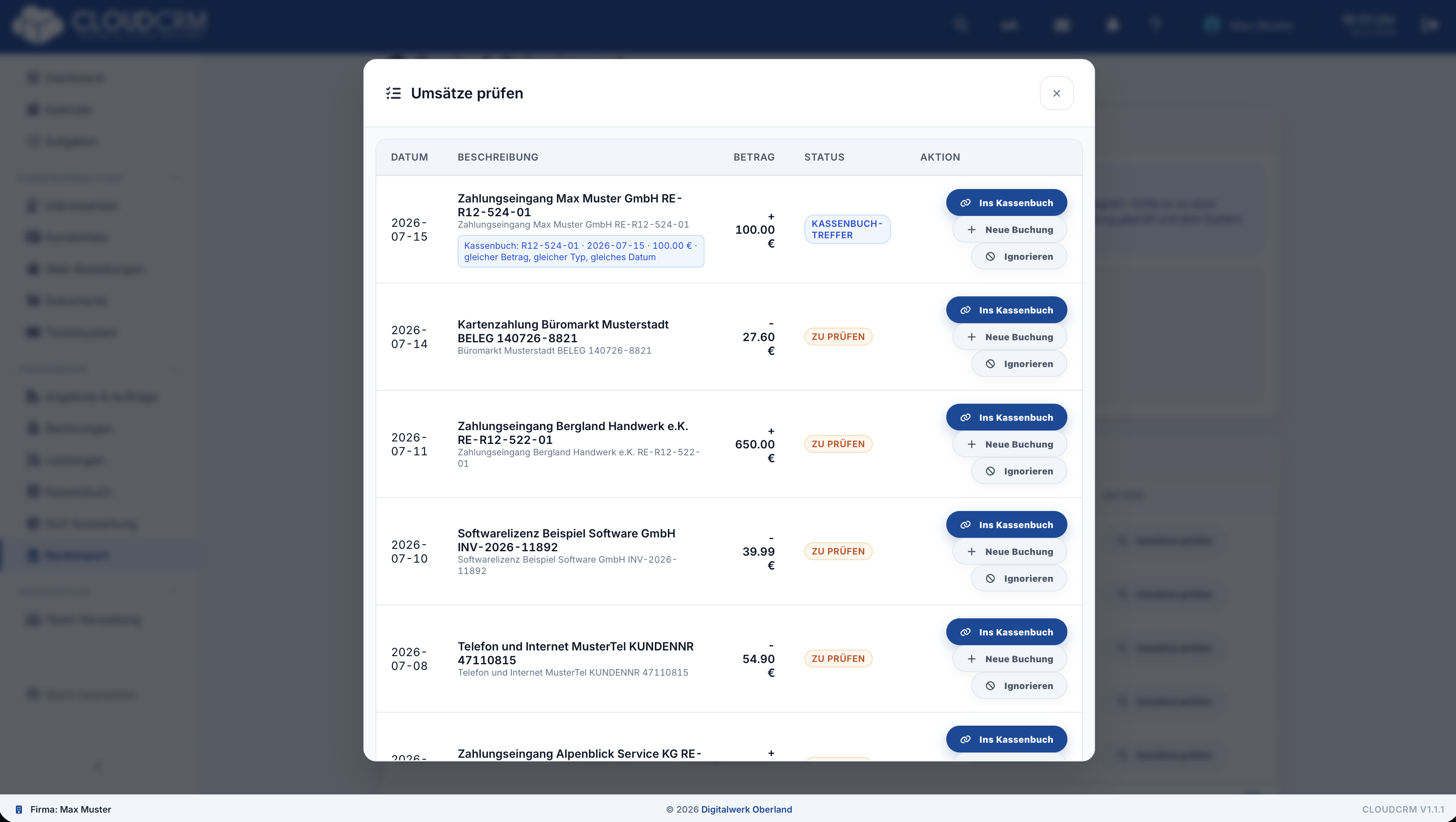 CloudCRM – Liste importierter Bankumsätze