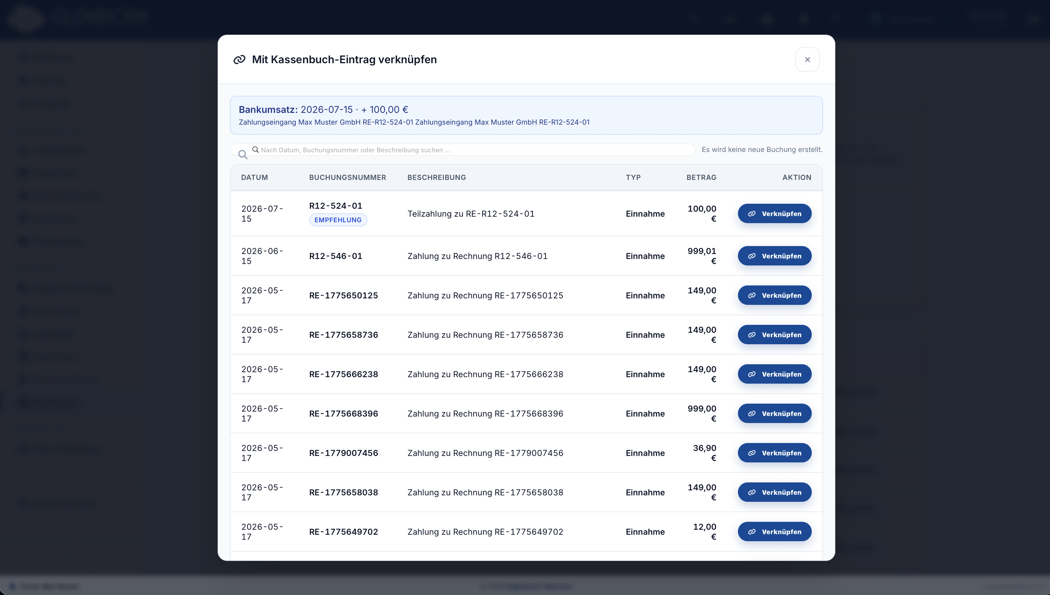 CloudCRM – Zuordnung eines Umsatzes zu einer Rechnung