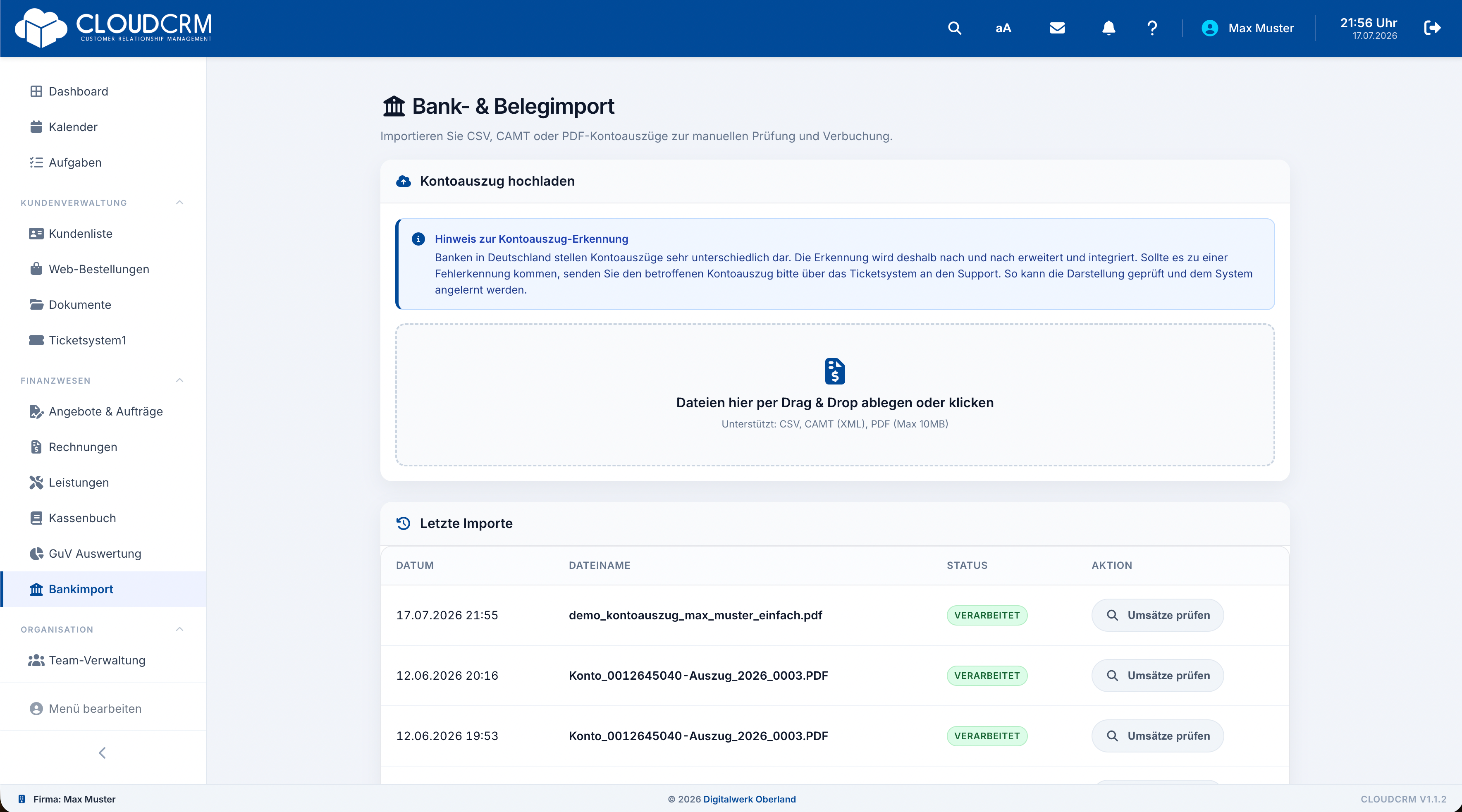 CloudCRM – Upload eines Kontoauszugs