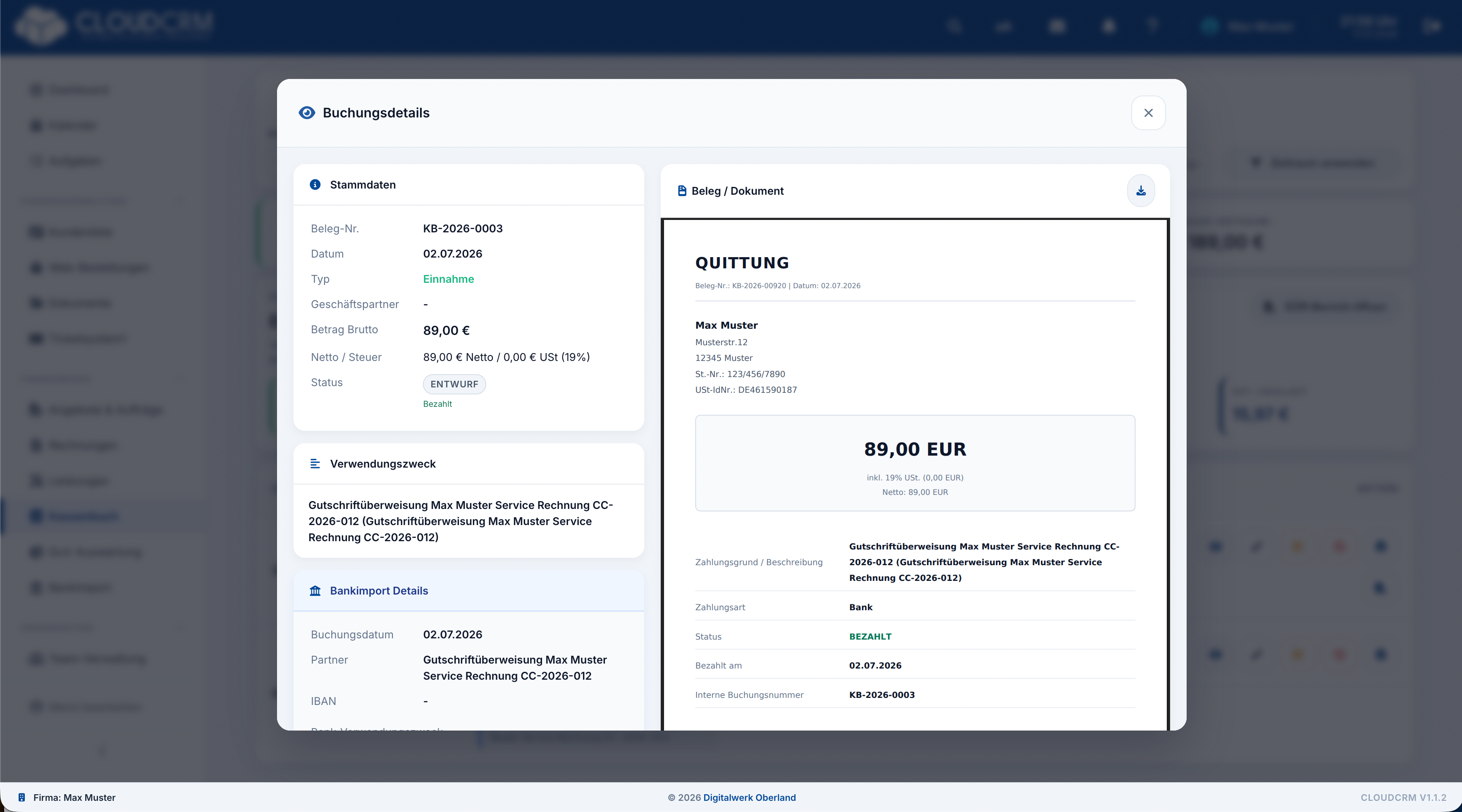 CloudCRM – Bestätigte Rechnungs- oder Kassenbuchzuordnung