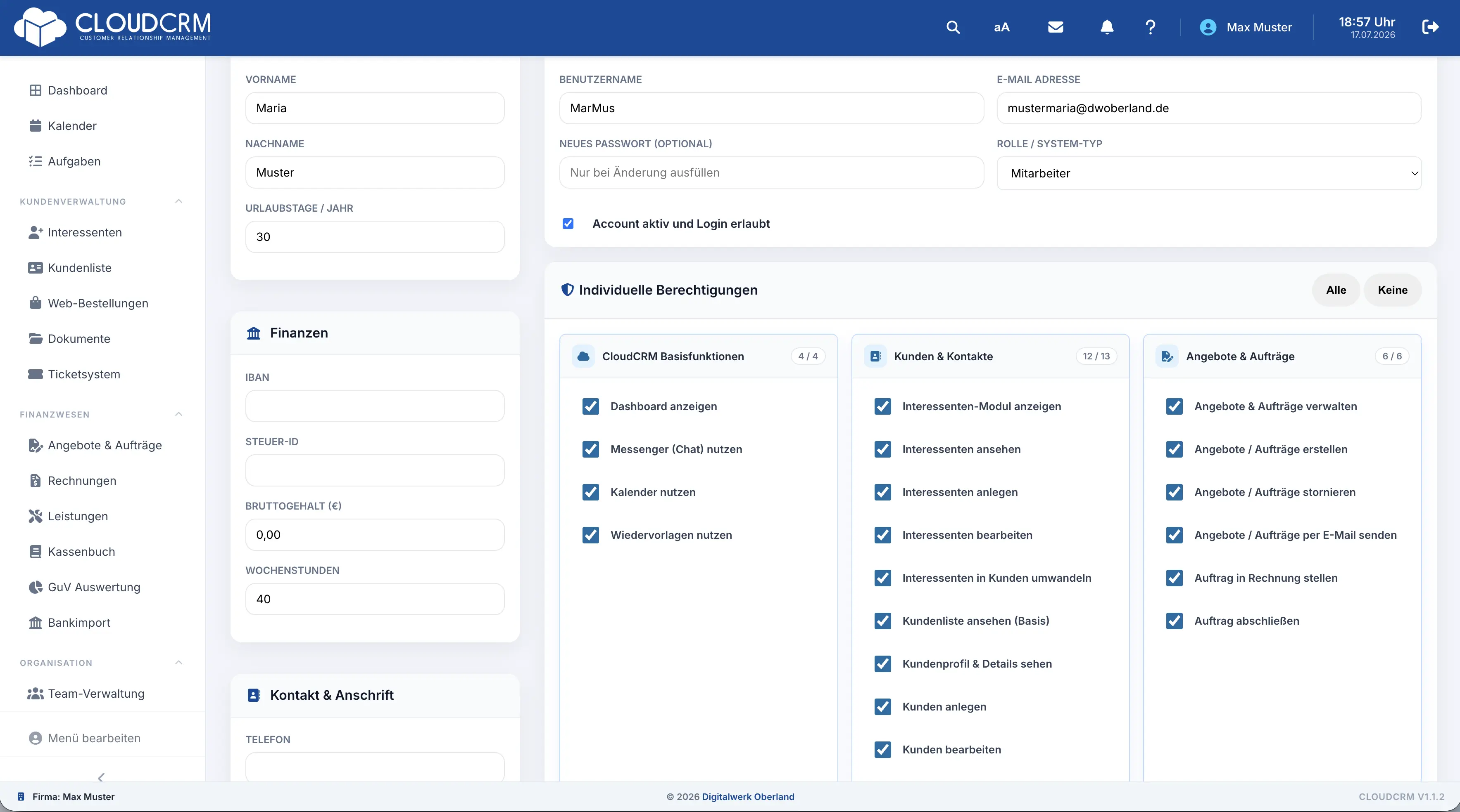CloudCRM – Auswahl einzelner Funktionsrechte