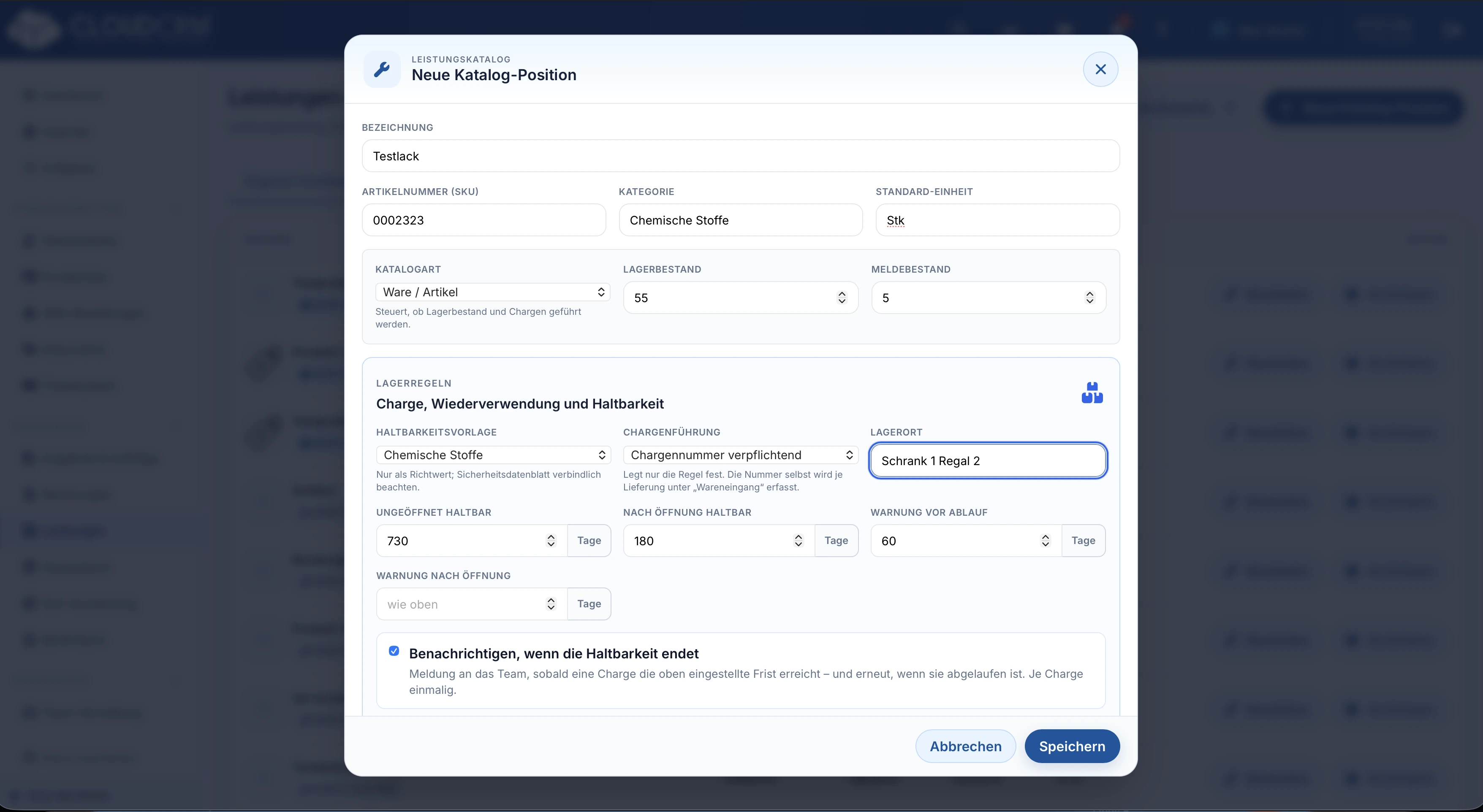 CloudCRM. Warenartikel mit Chargen- und Haltbarkeitseinstellungen
