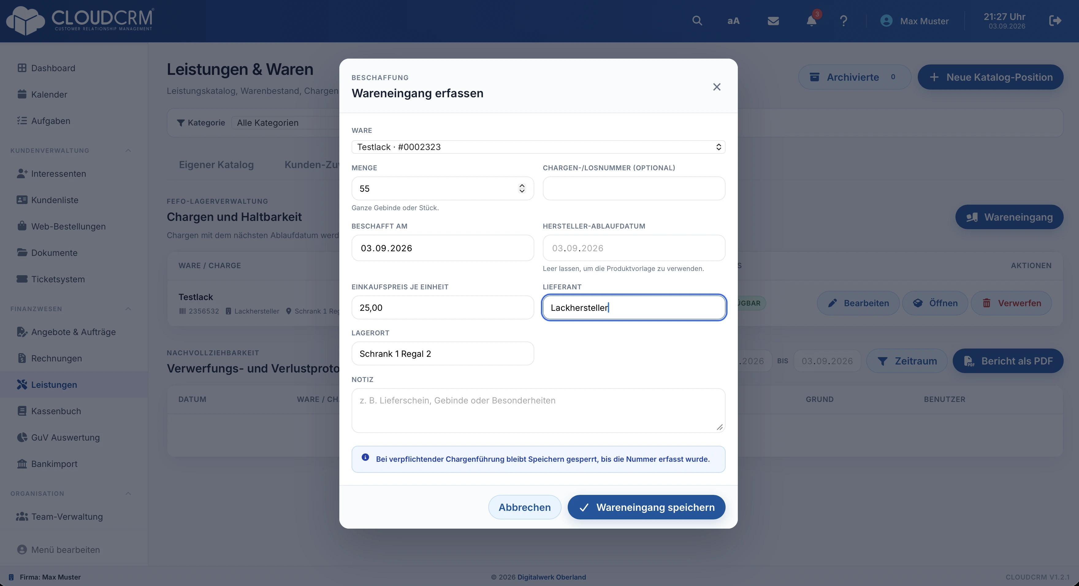 CloudCRM. Wareneingang mit Charge, Ablaufdatum und Lagerort