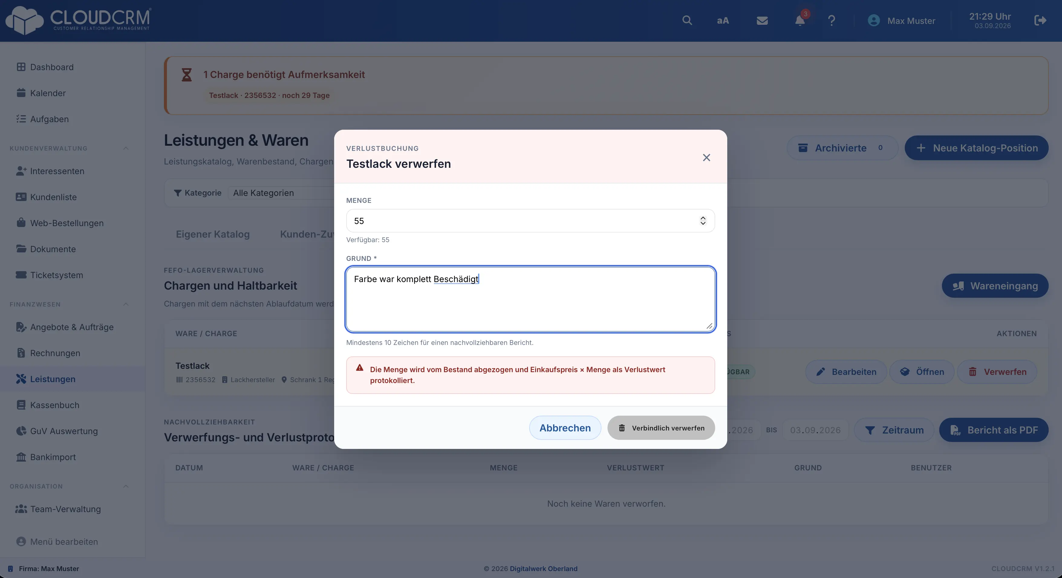 CloudCRM. Ausbuchung eines Warenverlusts mit Begründung