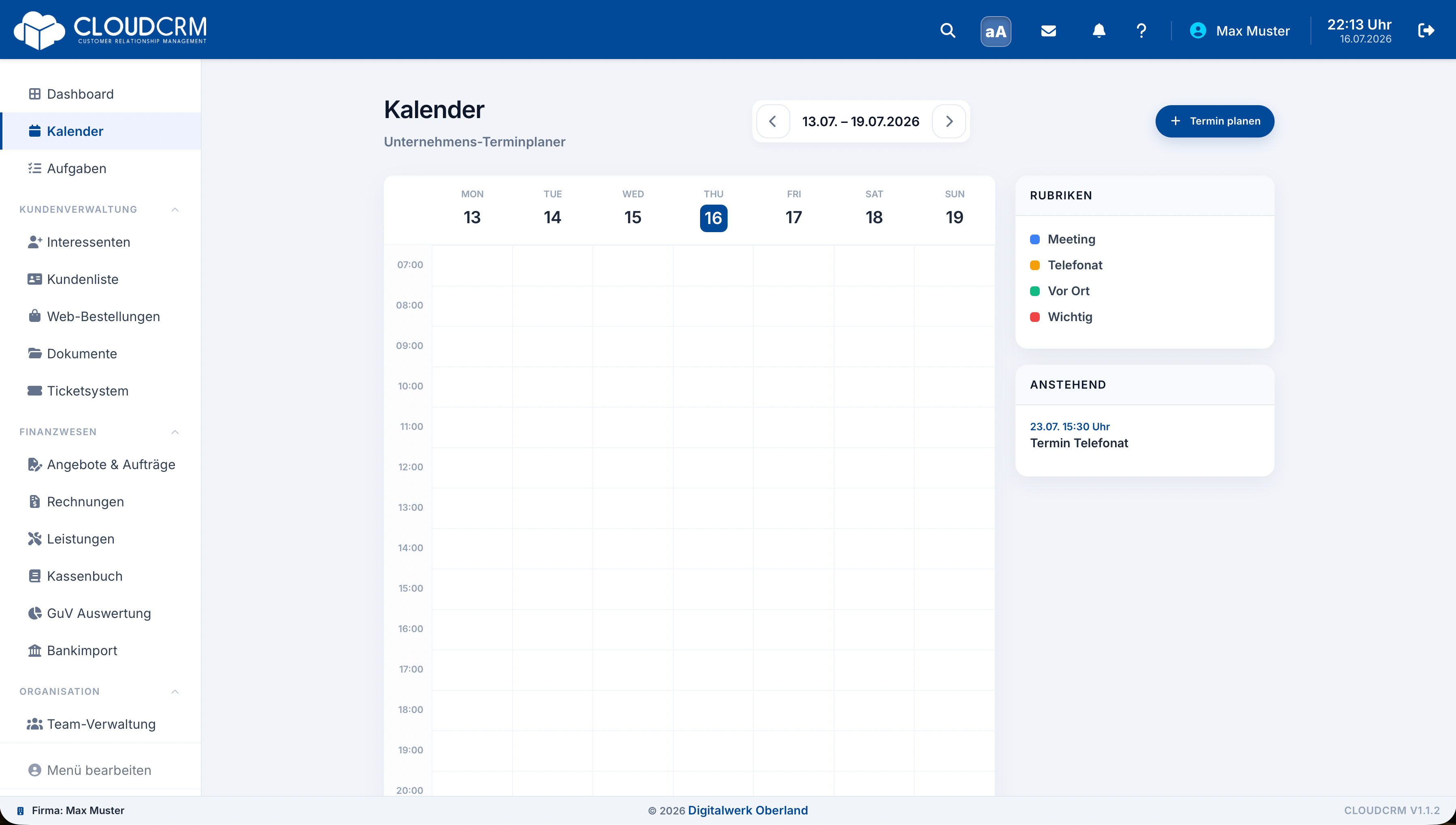 CloudCRM – Kopfzeile mit Schriftumschalter und Kalenderzugang