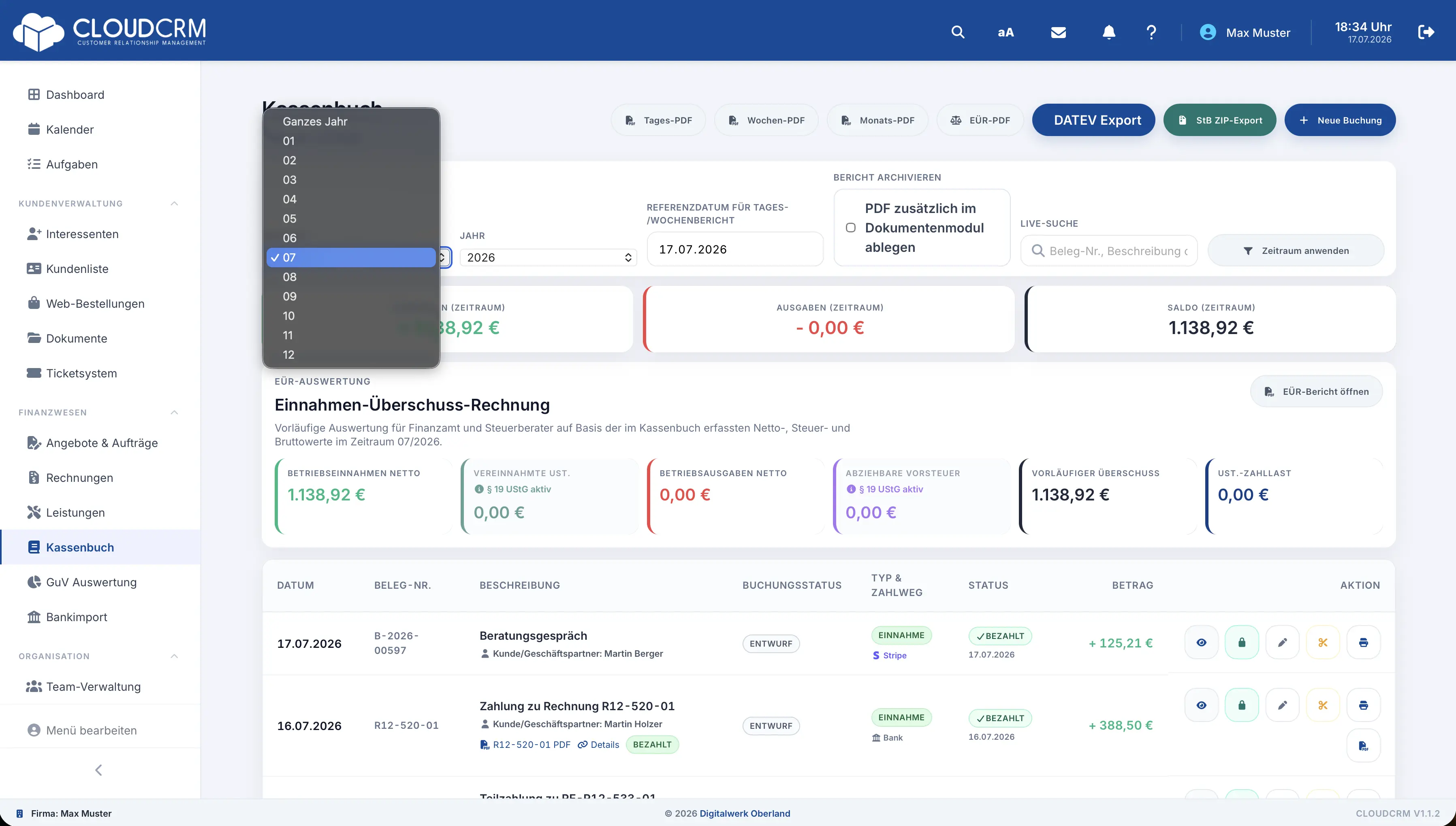 CloudCRM – Zeitraumauswahl im Kassenbuch