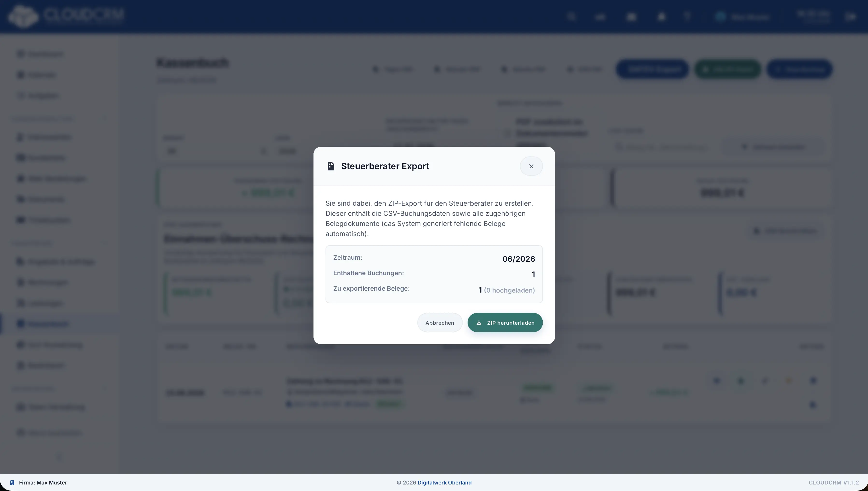 CloudCRM – Exportdialog für den Buchungsstapel