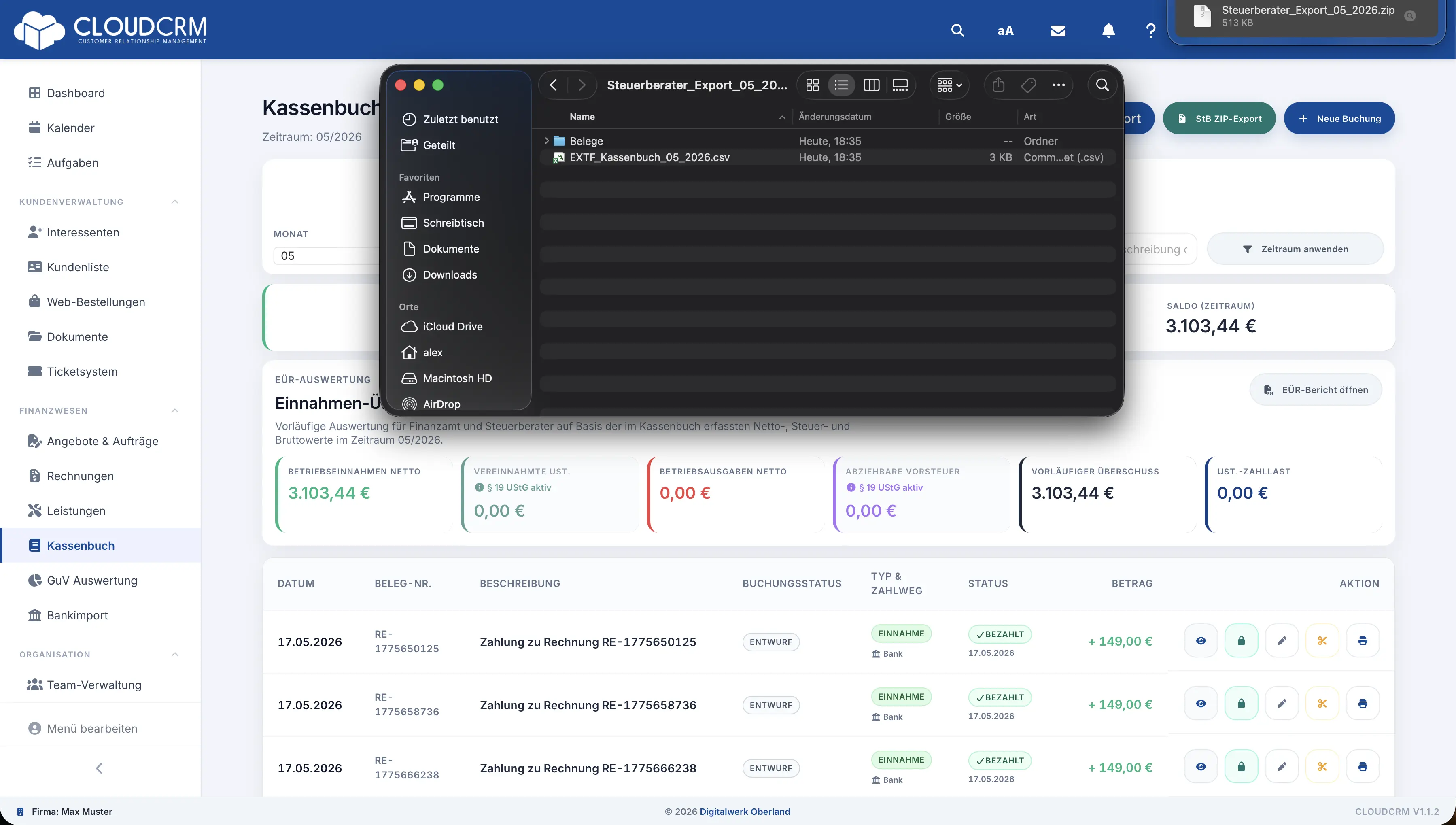 CloudCRM – Exportpaket mit Buchungsdatei und Dokumenten