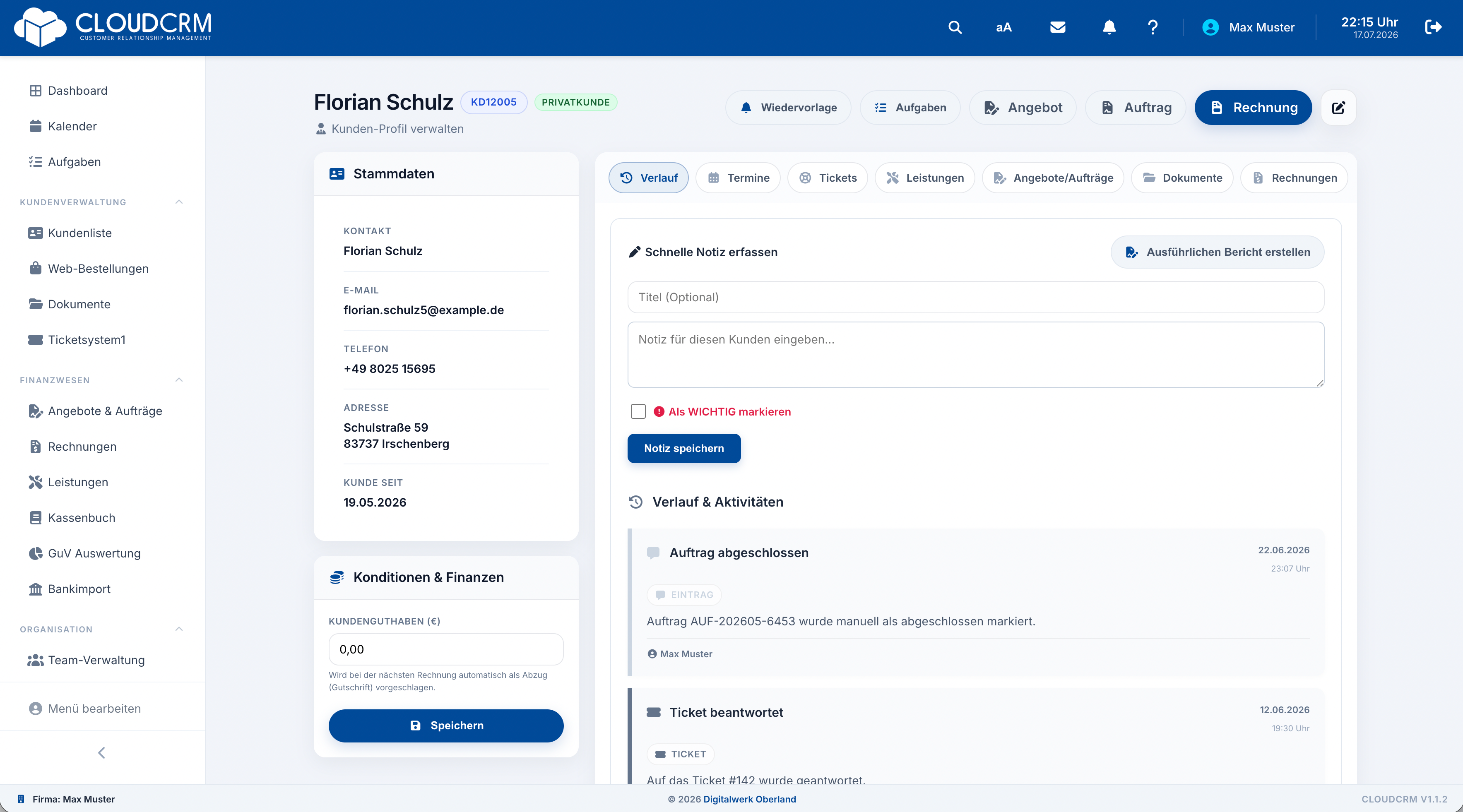CloudCRM – Kundenakte mit Stammdaten und Navigation