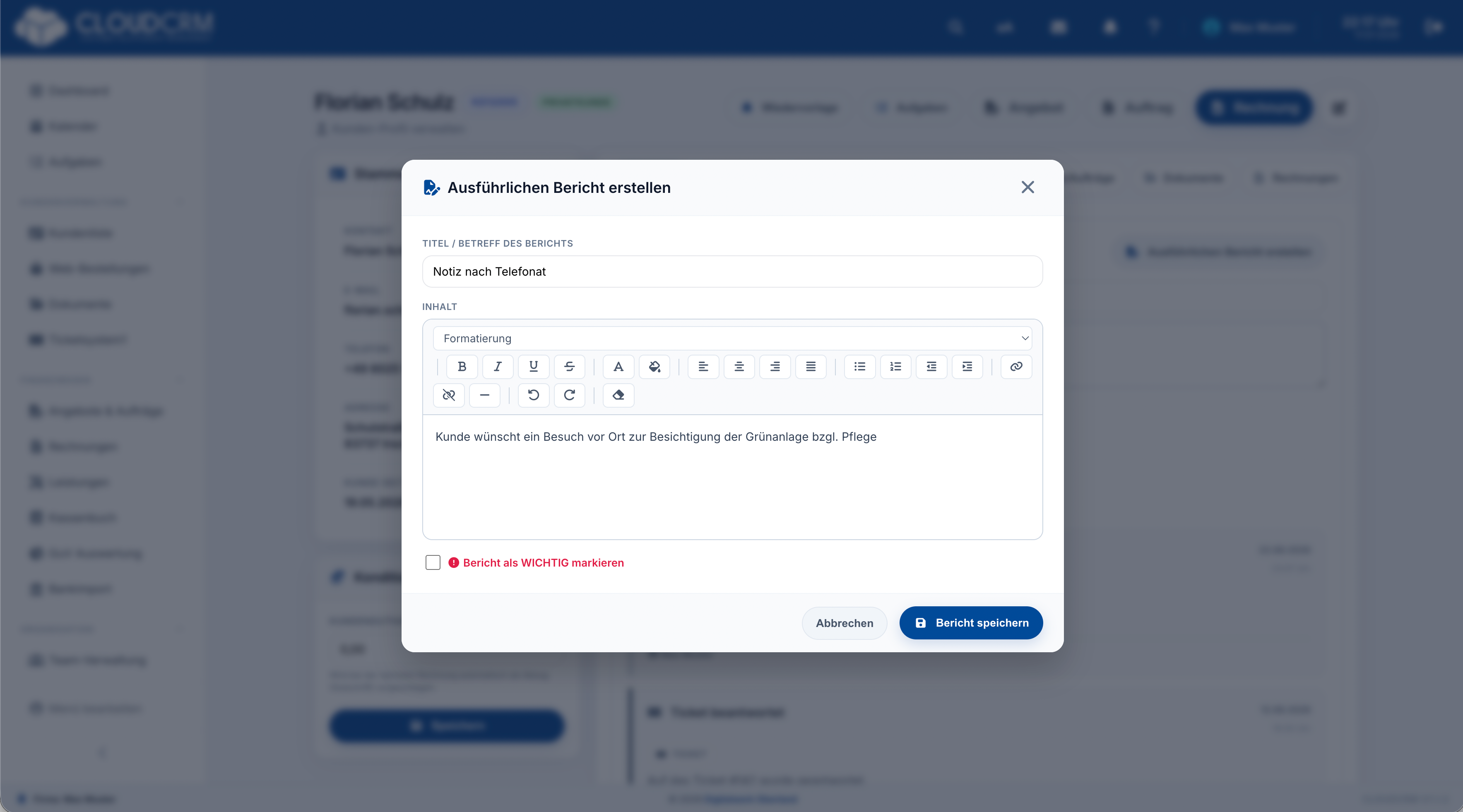 CloudCRM – Kundenverlauf mit Berichten