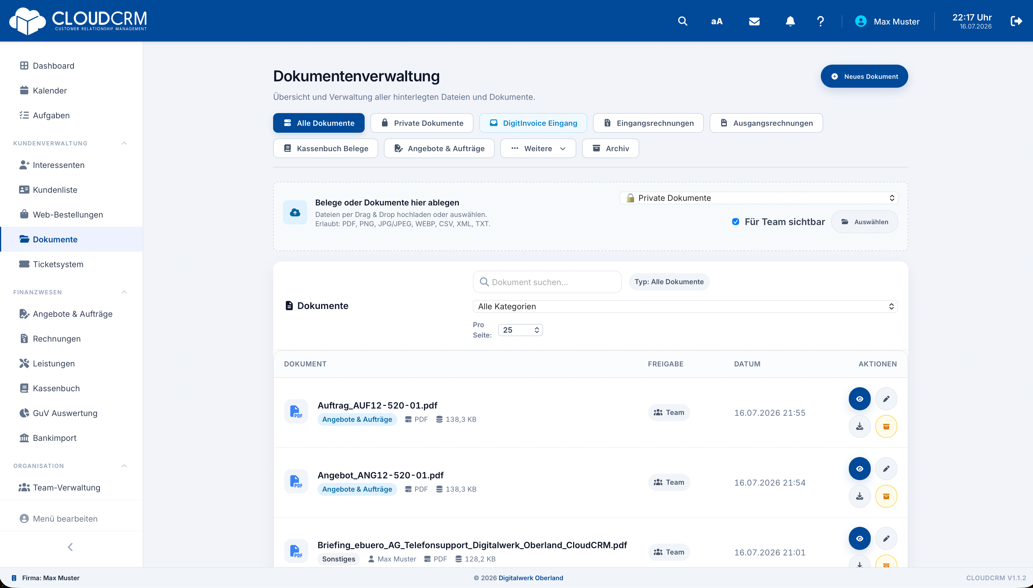 CloudCRM – Dokumentenübersicht mit Kategorien und Zuordnungen
