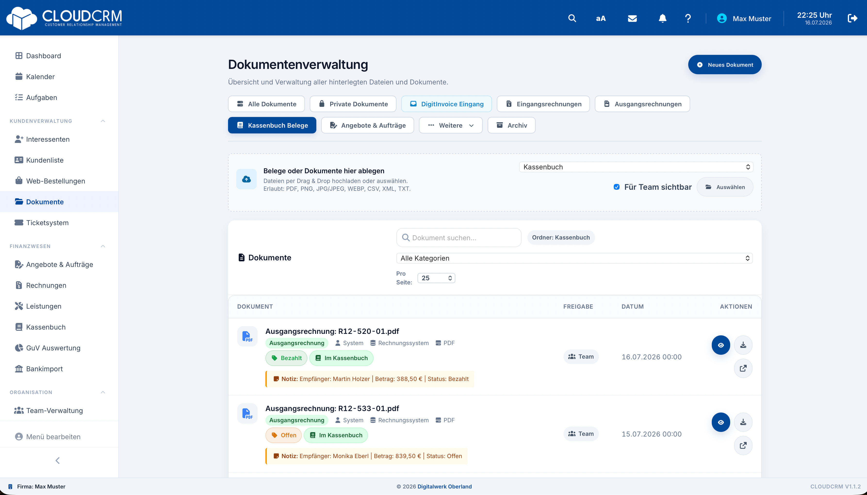 CloudCRM – Beleg mit Kassenbuch- und Rechnungsbezug